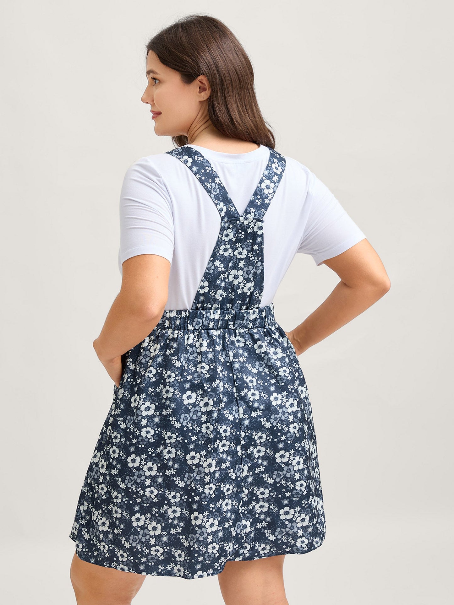 Floral Overall Straps Stretchy Waist Midi Dress