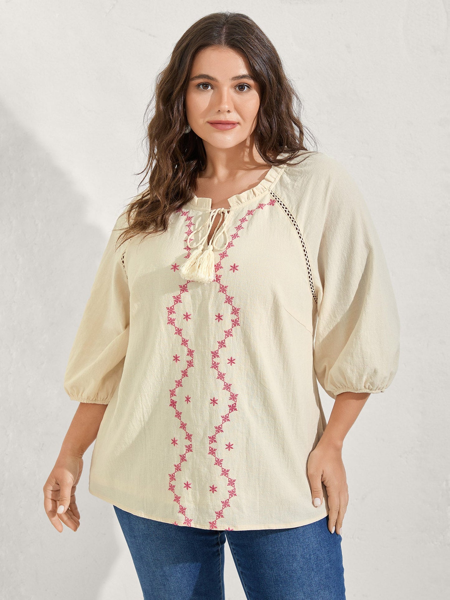 Cotton Lace Embroidered Shirred Neck-Tie Blouse