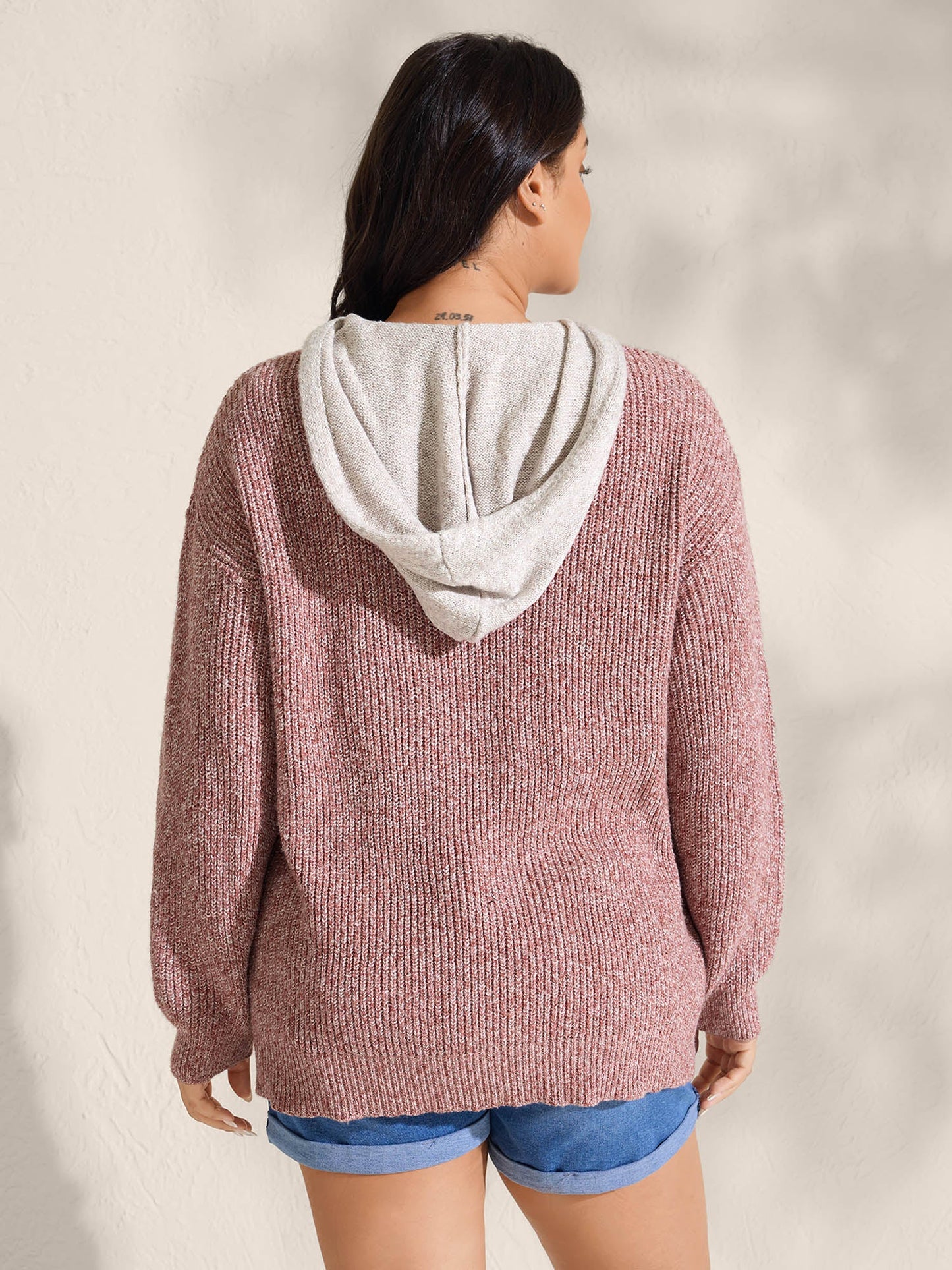 Textured Hooded Color Contrast Pullover