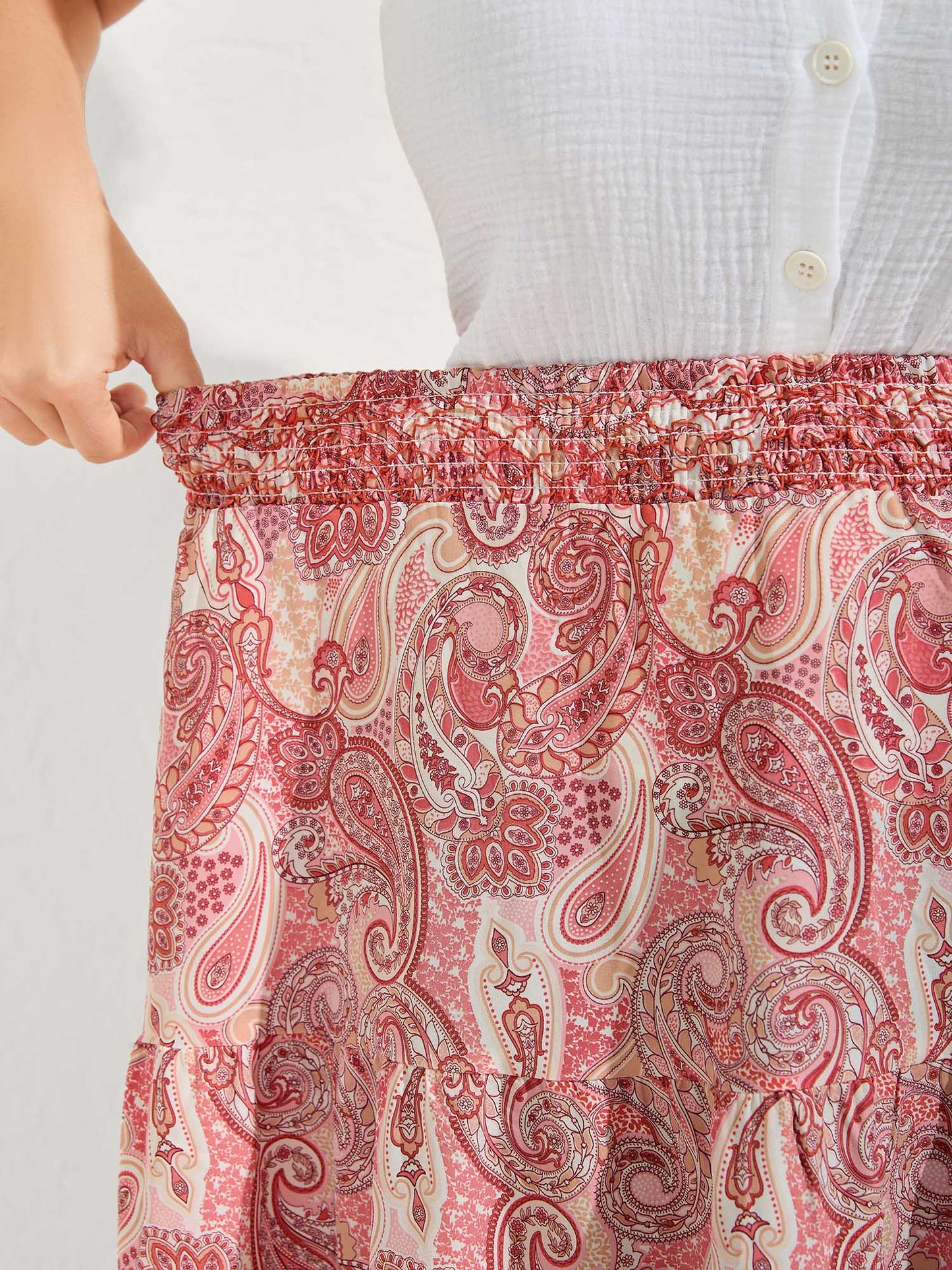 Paisley Print Shirred Waist Midi Skirt