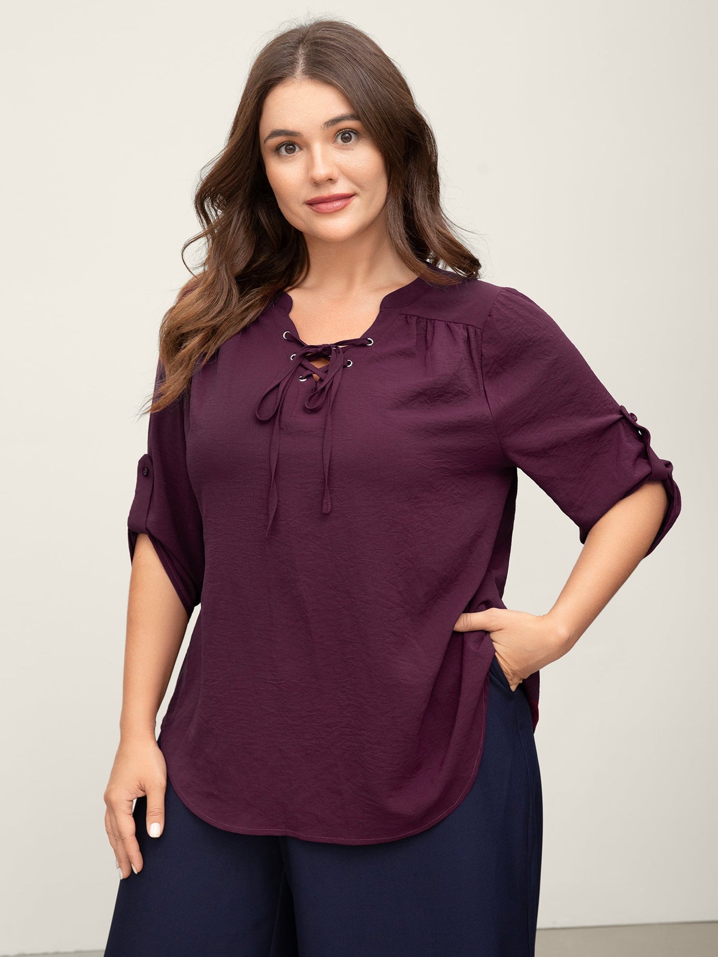 Adjustable Sleeve Neck Tie-Up Solid Blouse