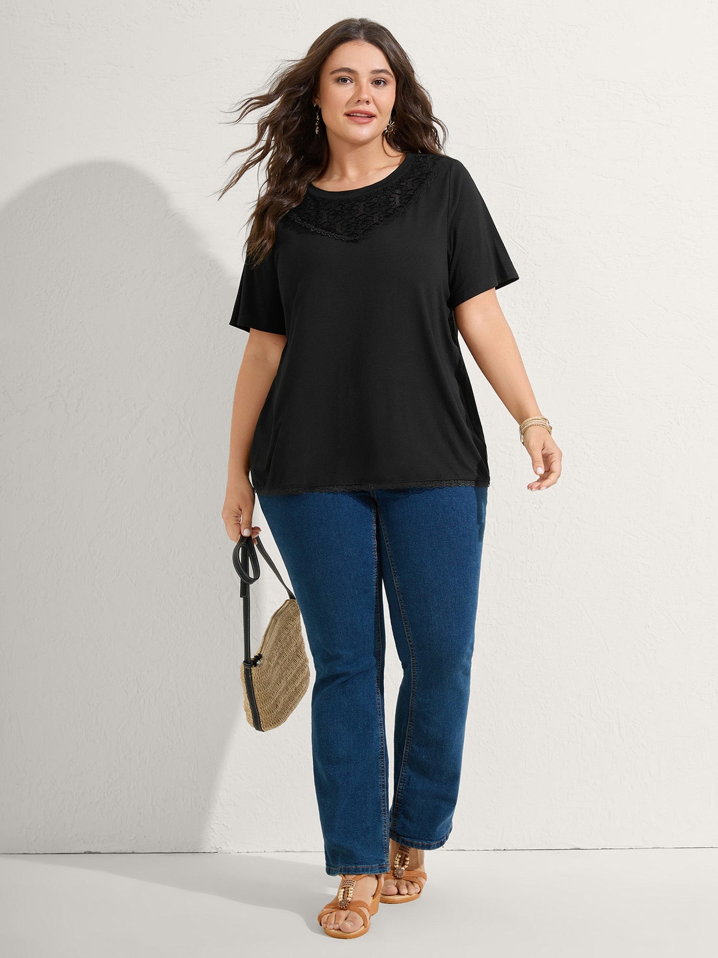 Lace Neck Flowy Sleeve Solid T-Shirt