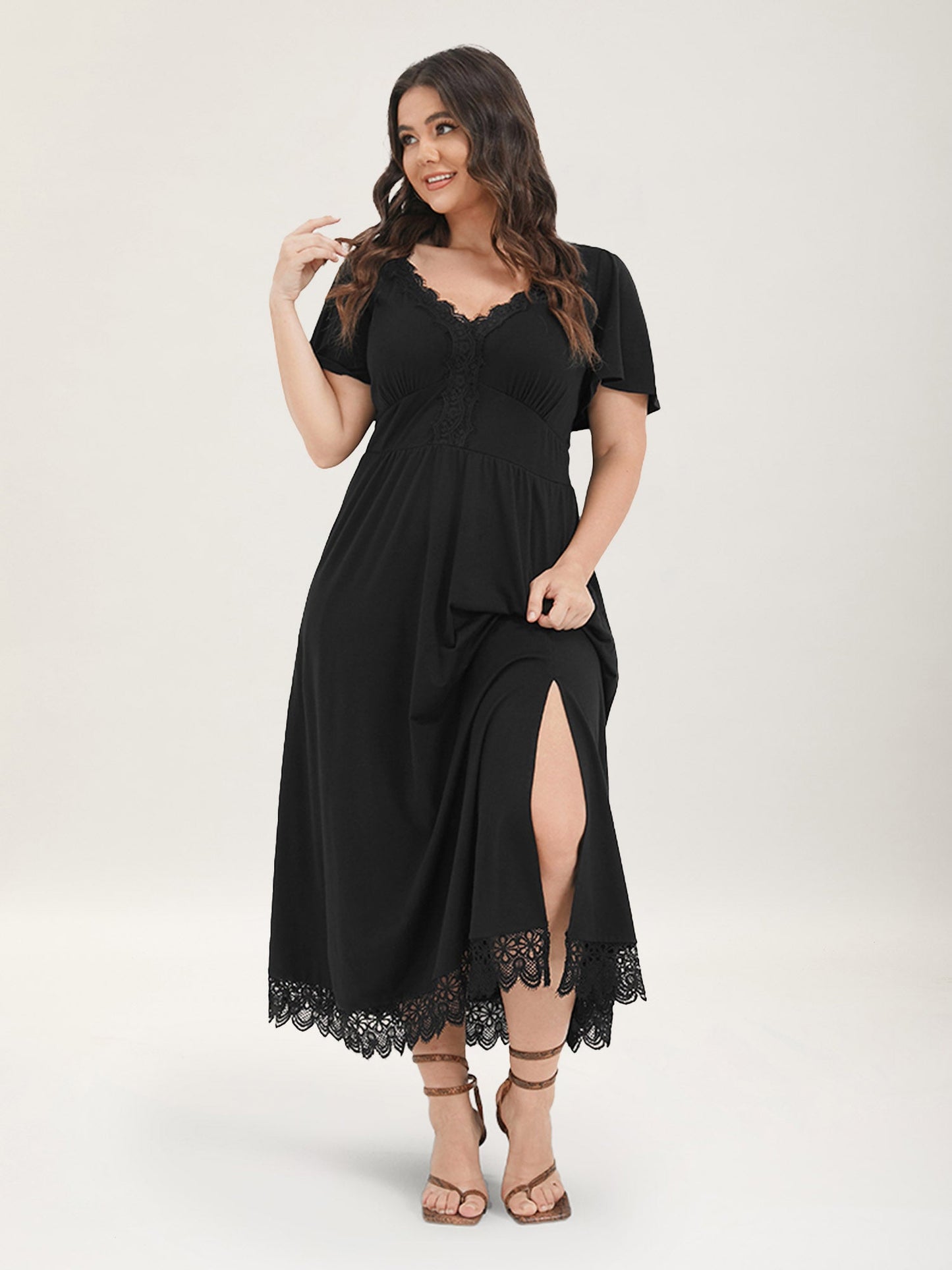 Solid Pocket Contrast Lace Split Maxi Dress
