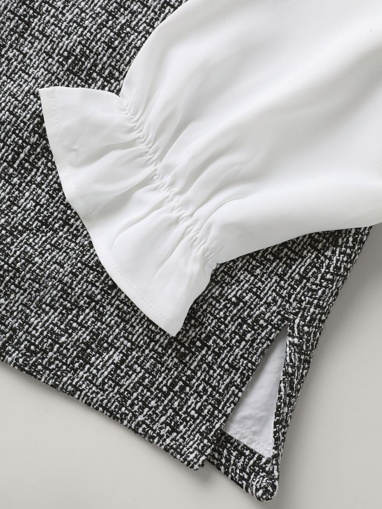 Tweed Patchwork Lantern Sleeve Blouse