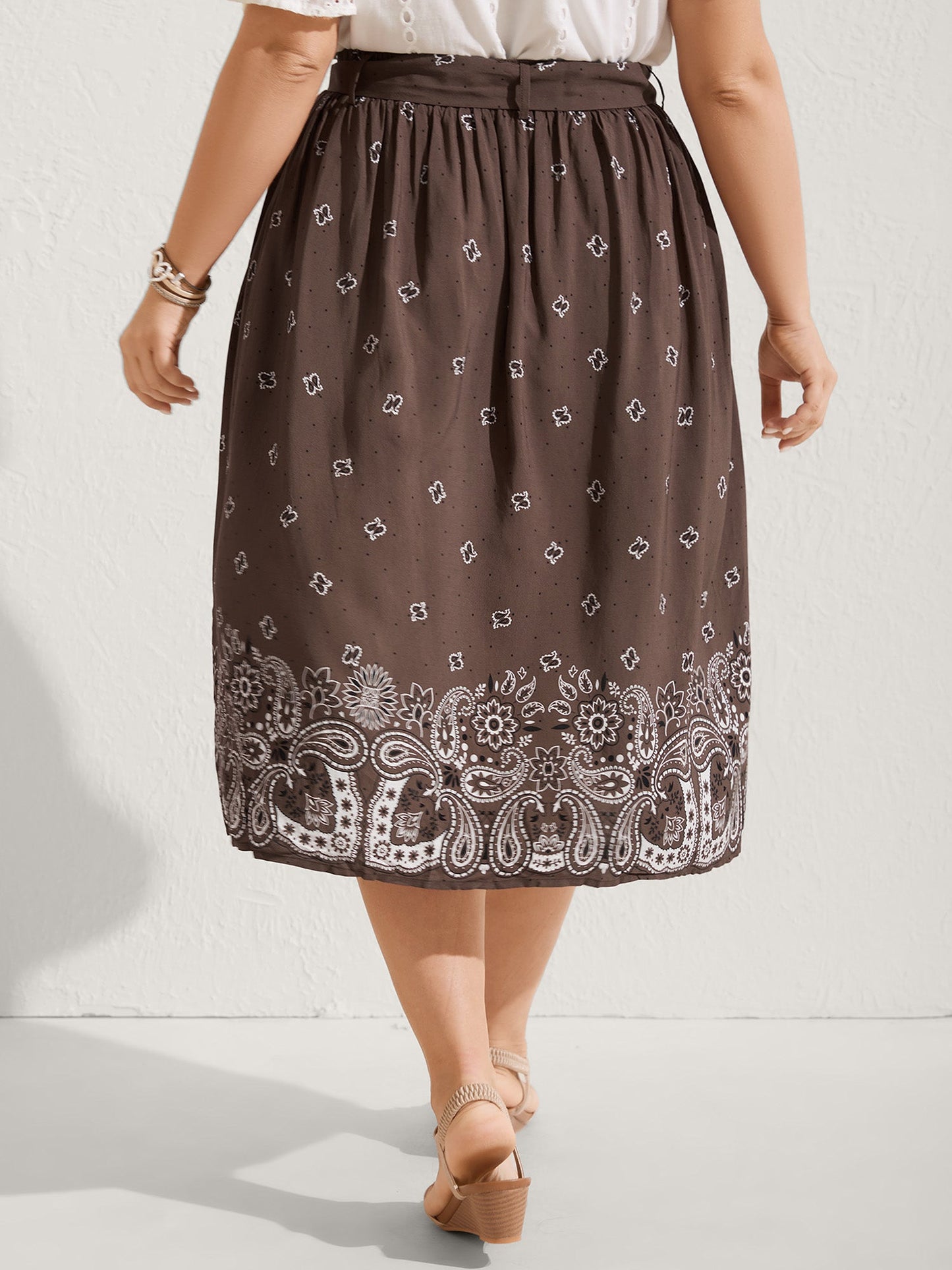 Paisley Print Belted Midi Skirt