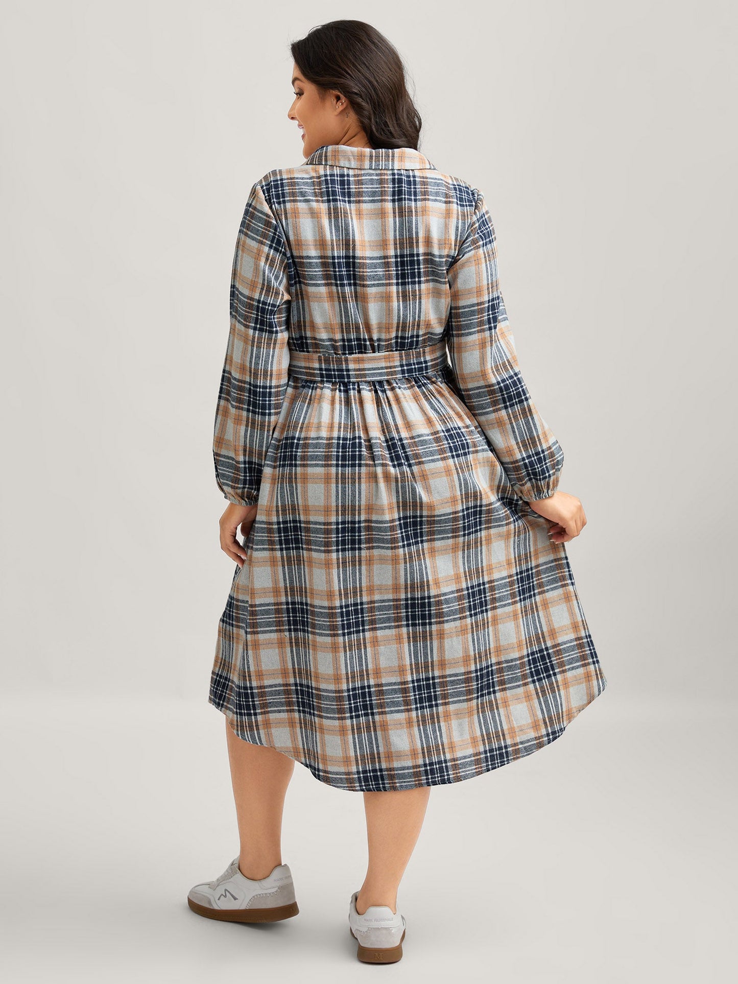 Plaid Print Belted Waist-Defining Midi Dress