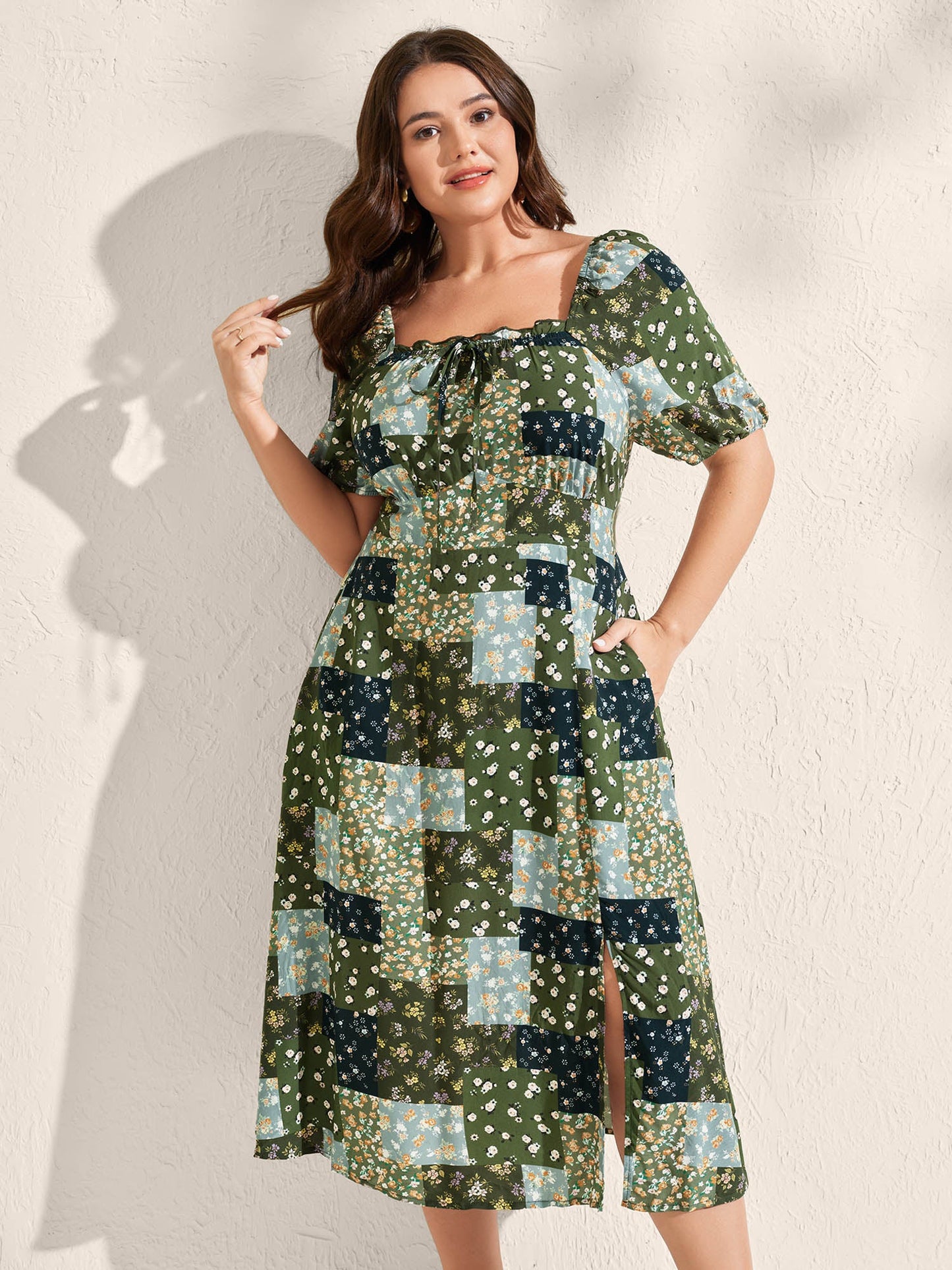 Floral Split Hem Neck Tie Midi Dress