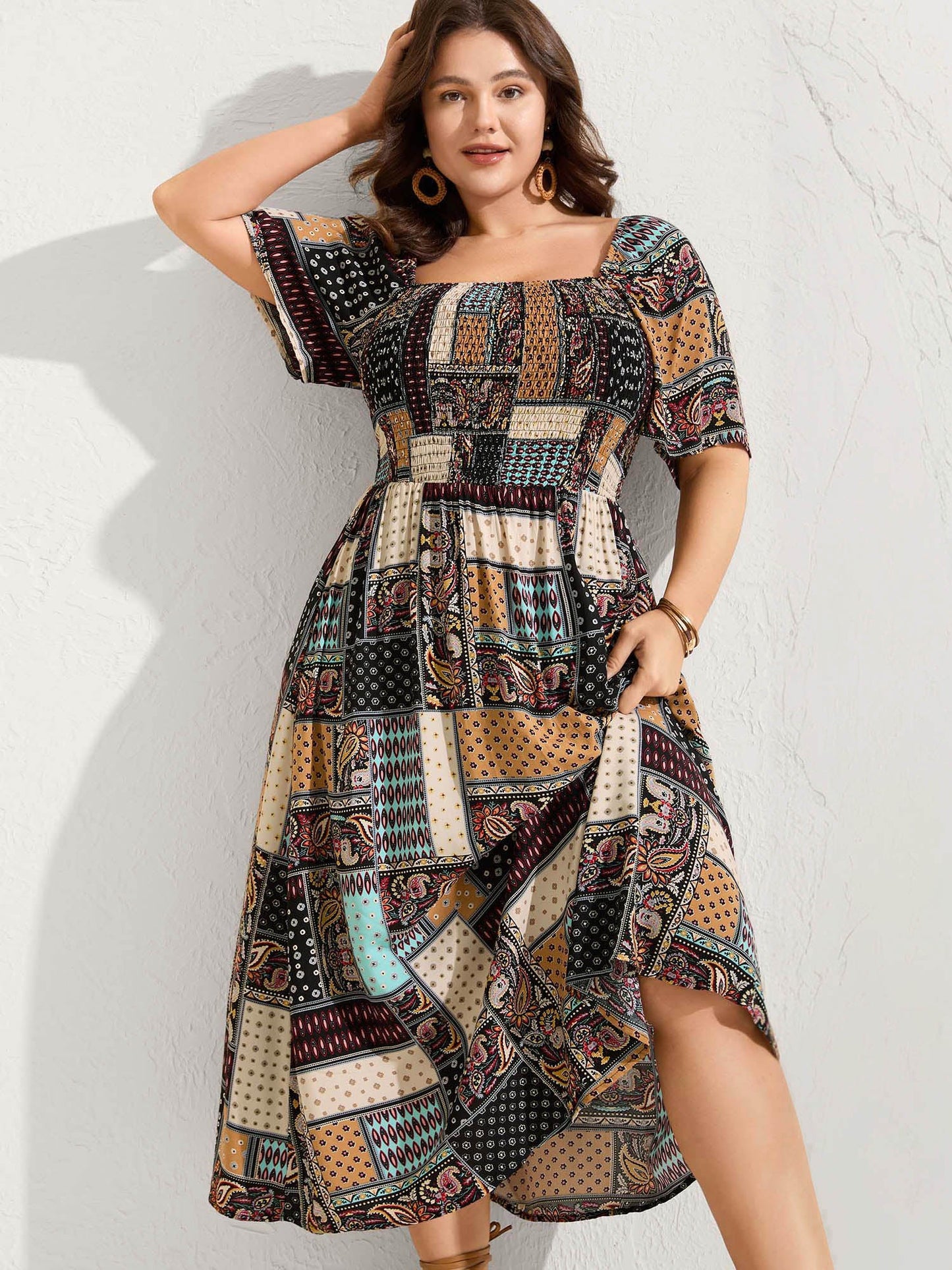 Paisley Floral Collage Shirred Pockets Midi Dress