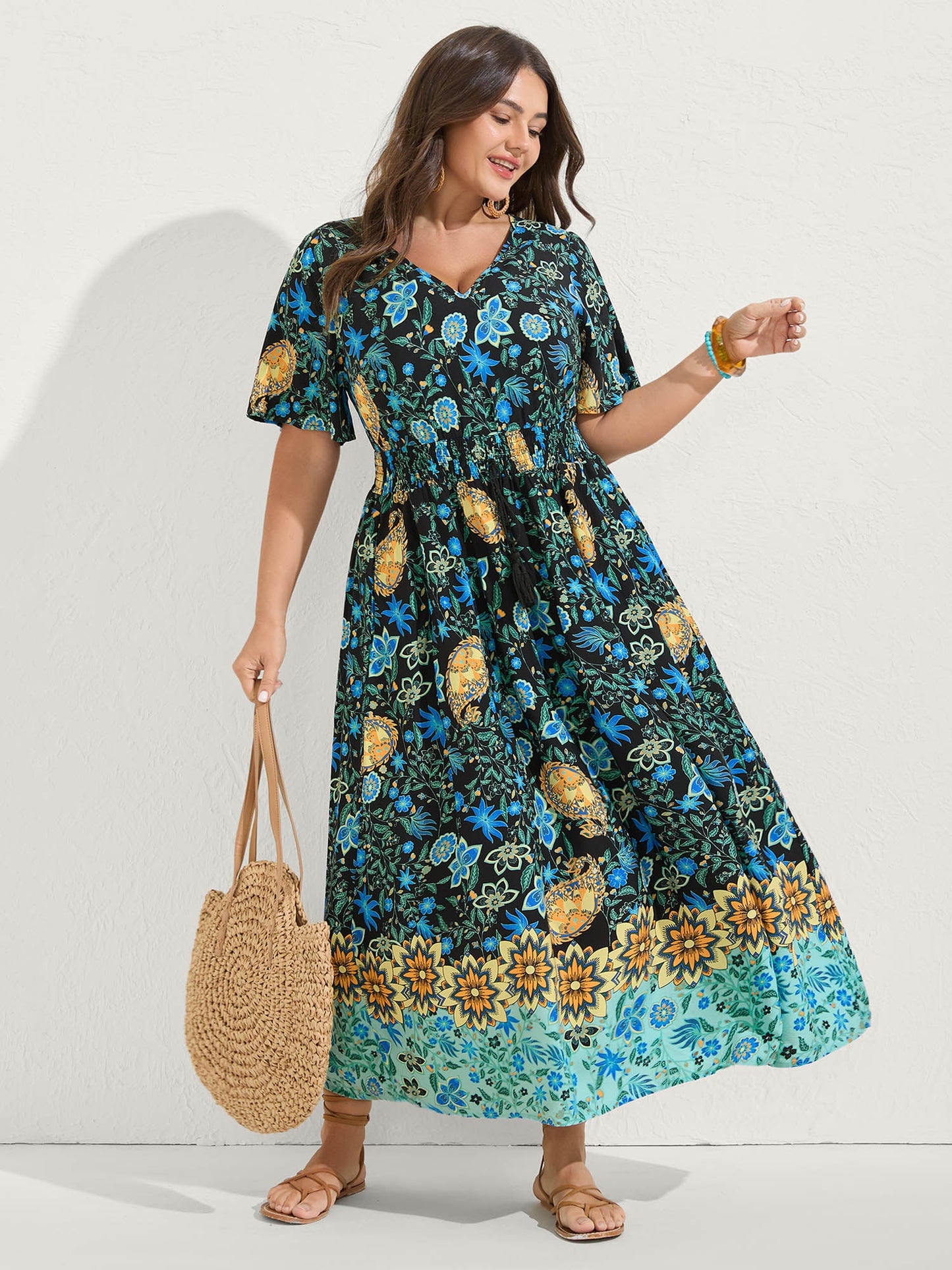 Rayon Paisley Print Shirred Midi Dress