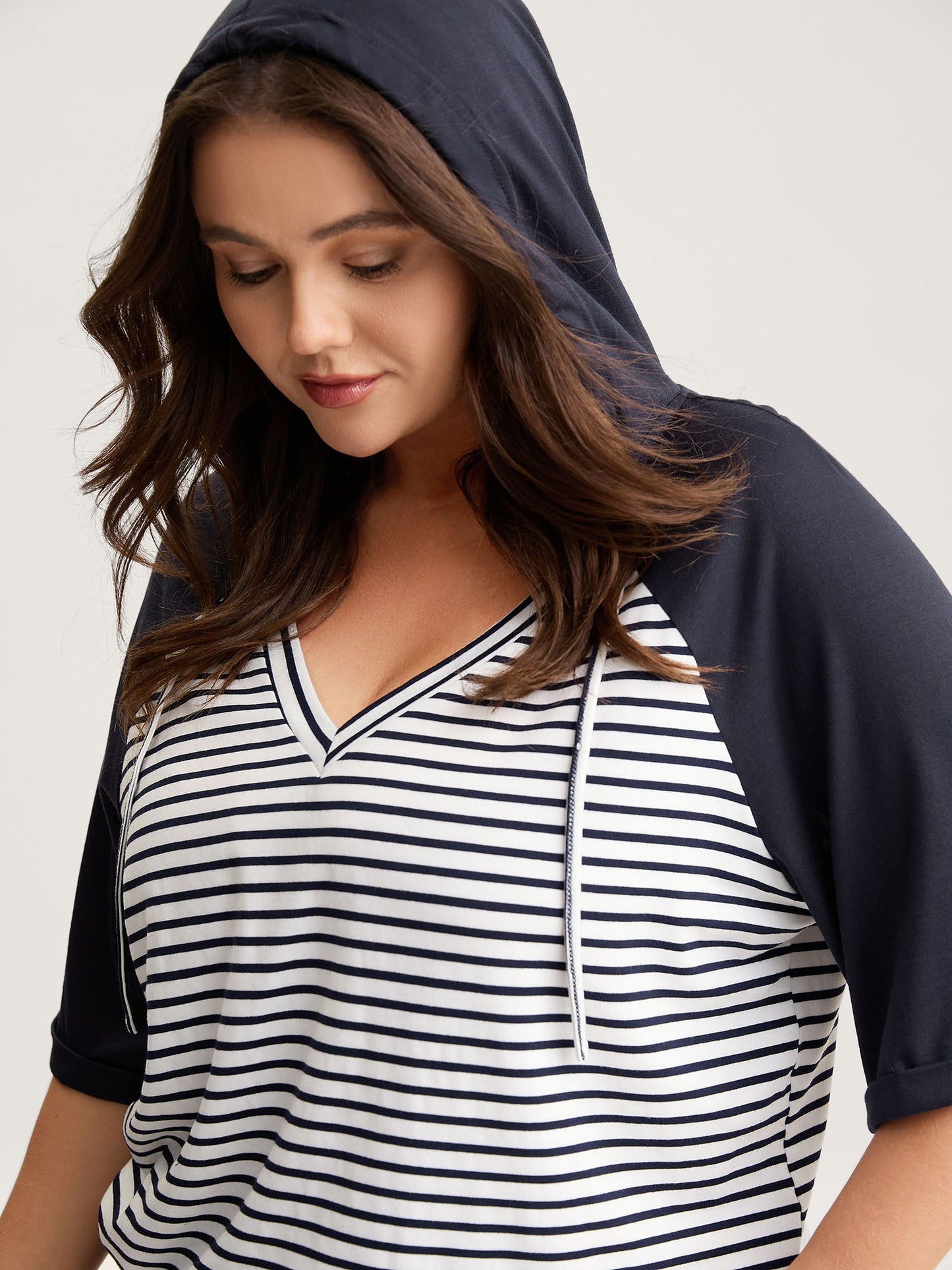 Striped Raglan Hooded Contrast T-Shirt