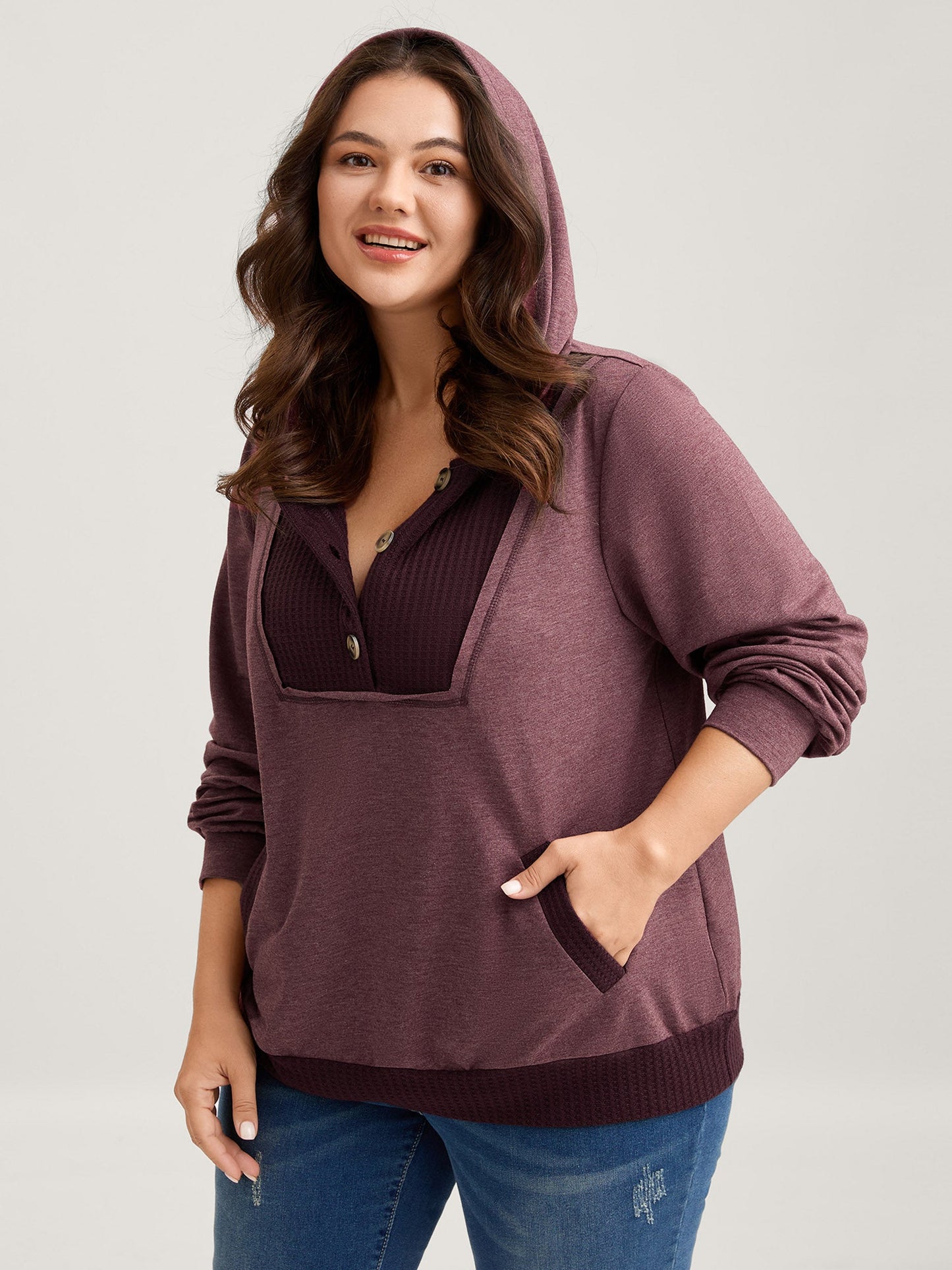 Color Contrast Button Detail Hoodie