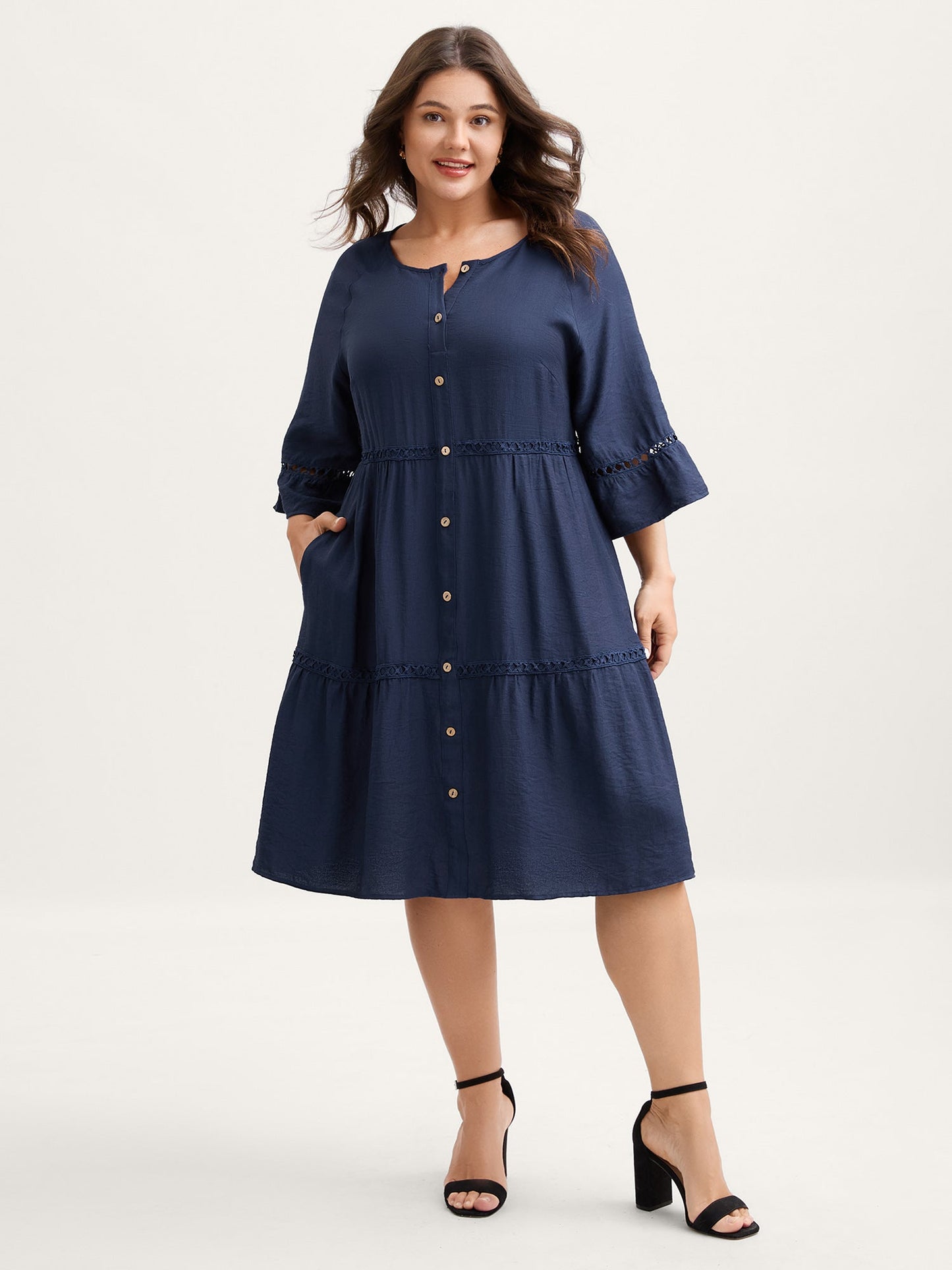 Button Front Lace Trim Pockets Midi Dress