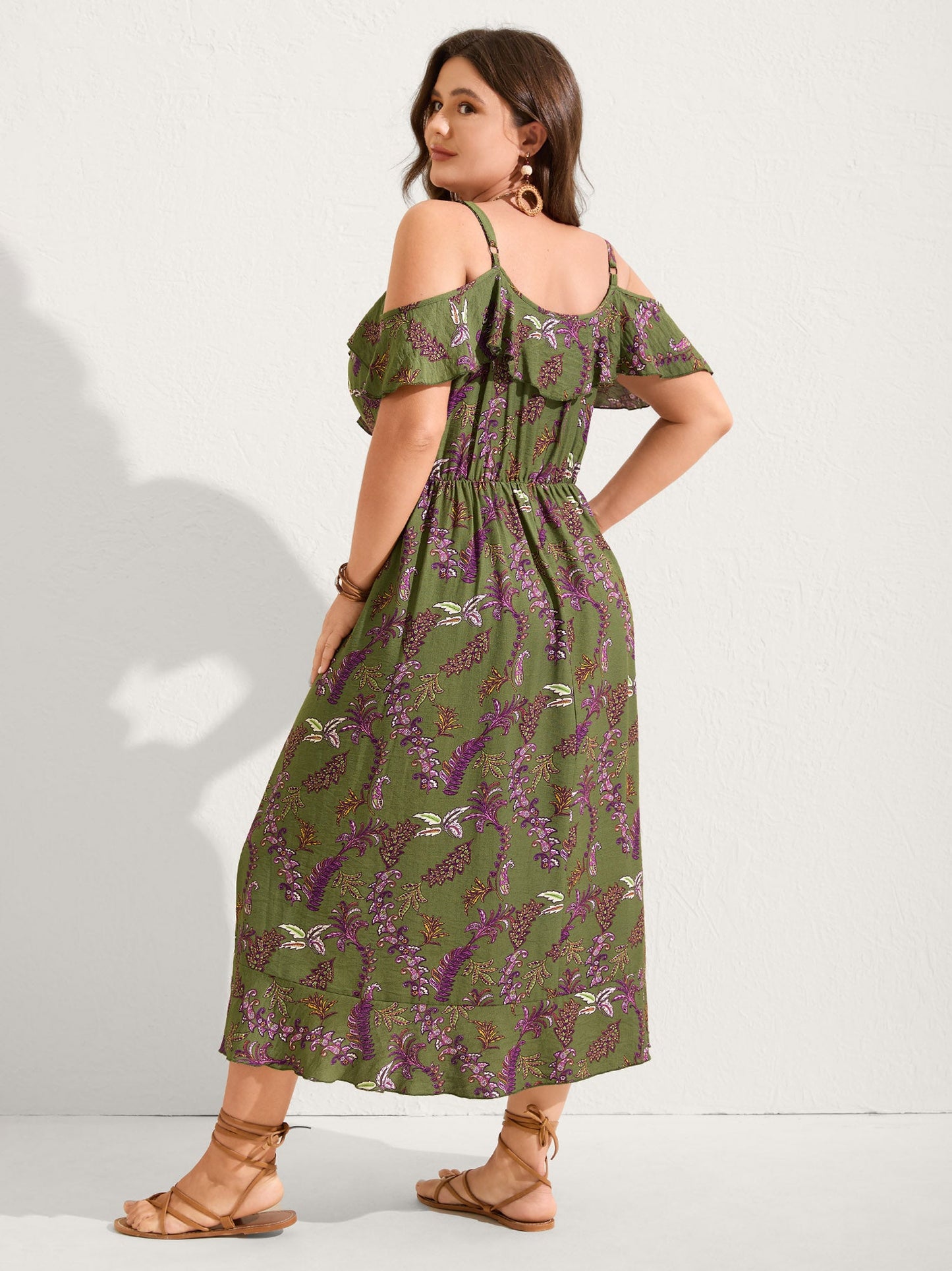 Boho Floral Ruffled Off-Shoulder Midi Dress
