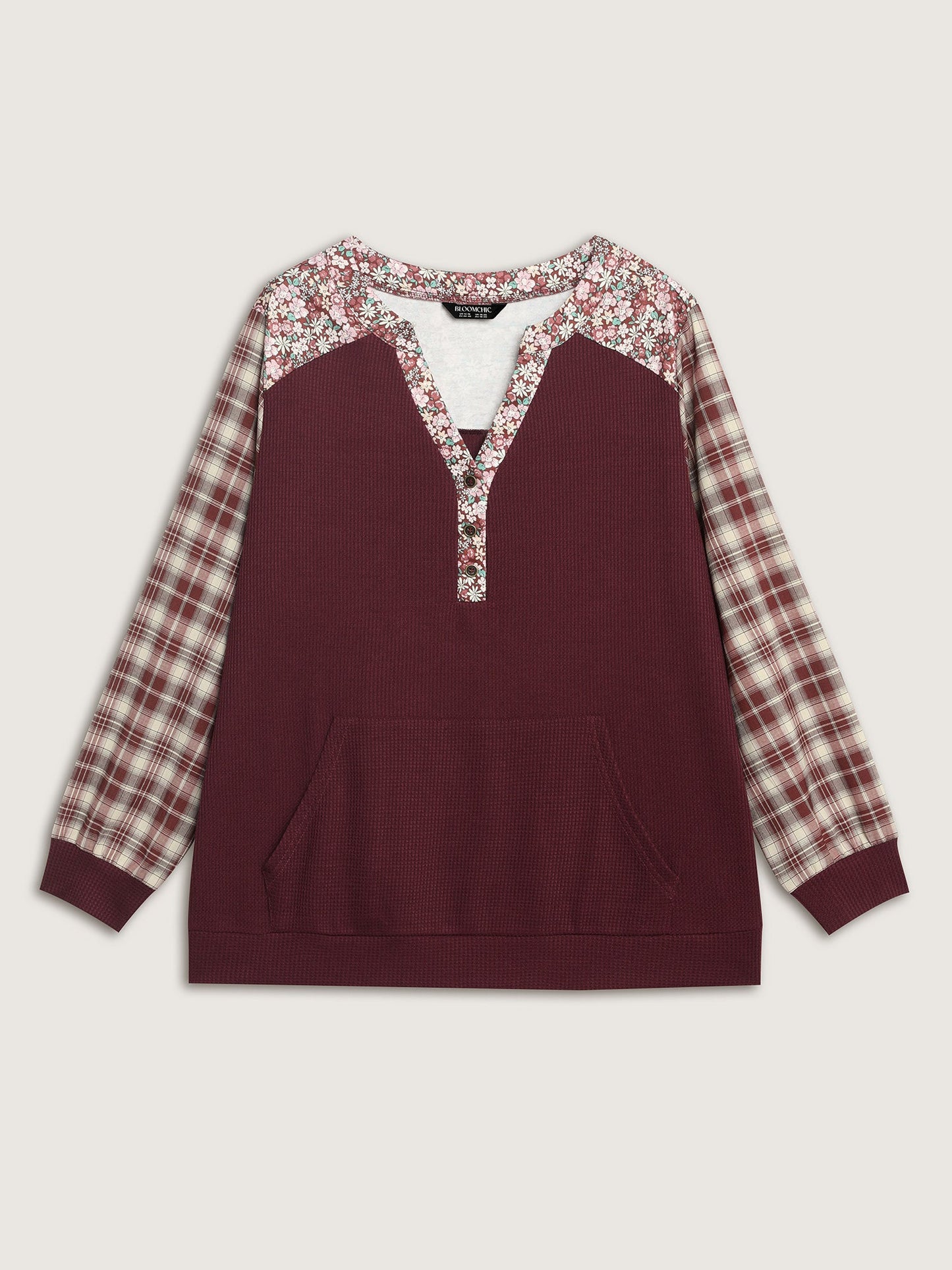 Mixed Print Textured Split Neck Sweatshirt