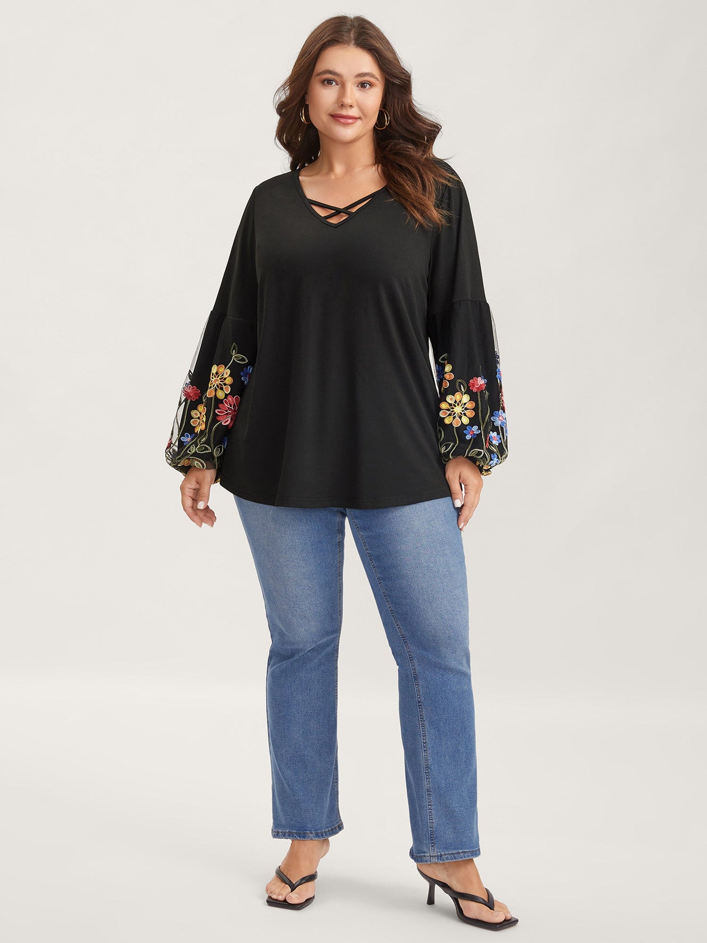 Floral Embroidered Sleeve Neck Tie-Up T-Shirt