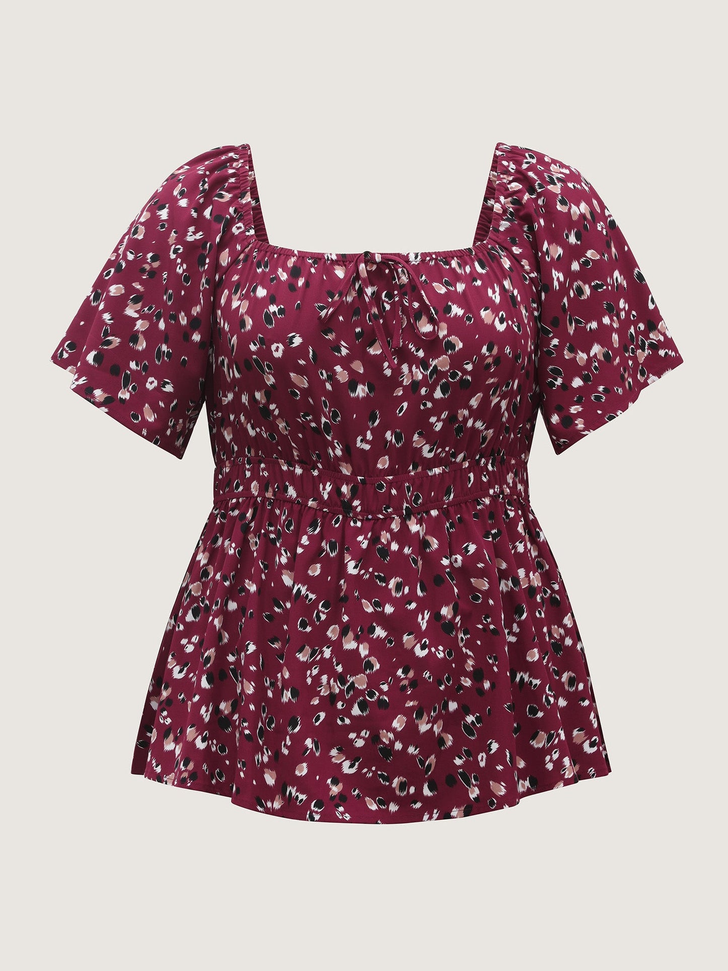 Leopard Brushed Print Neck Drawstring Blouse