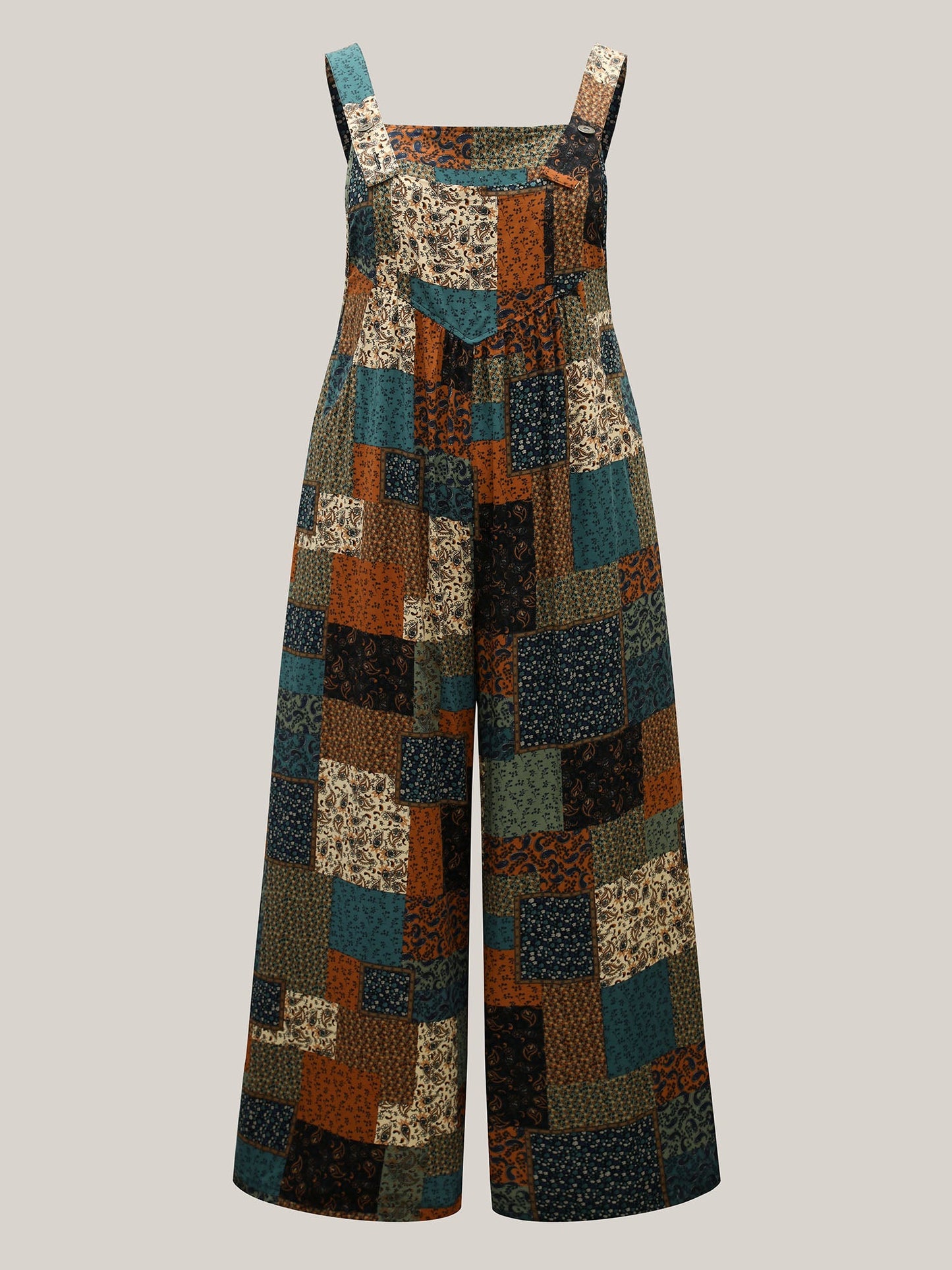 Vintage Boho Collage Overall Straps Jumpsuit