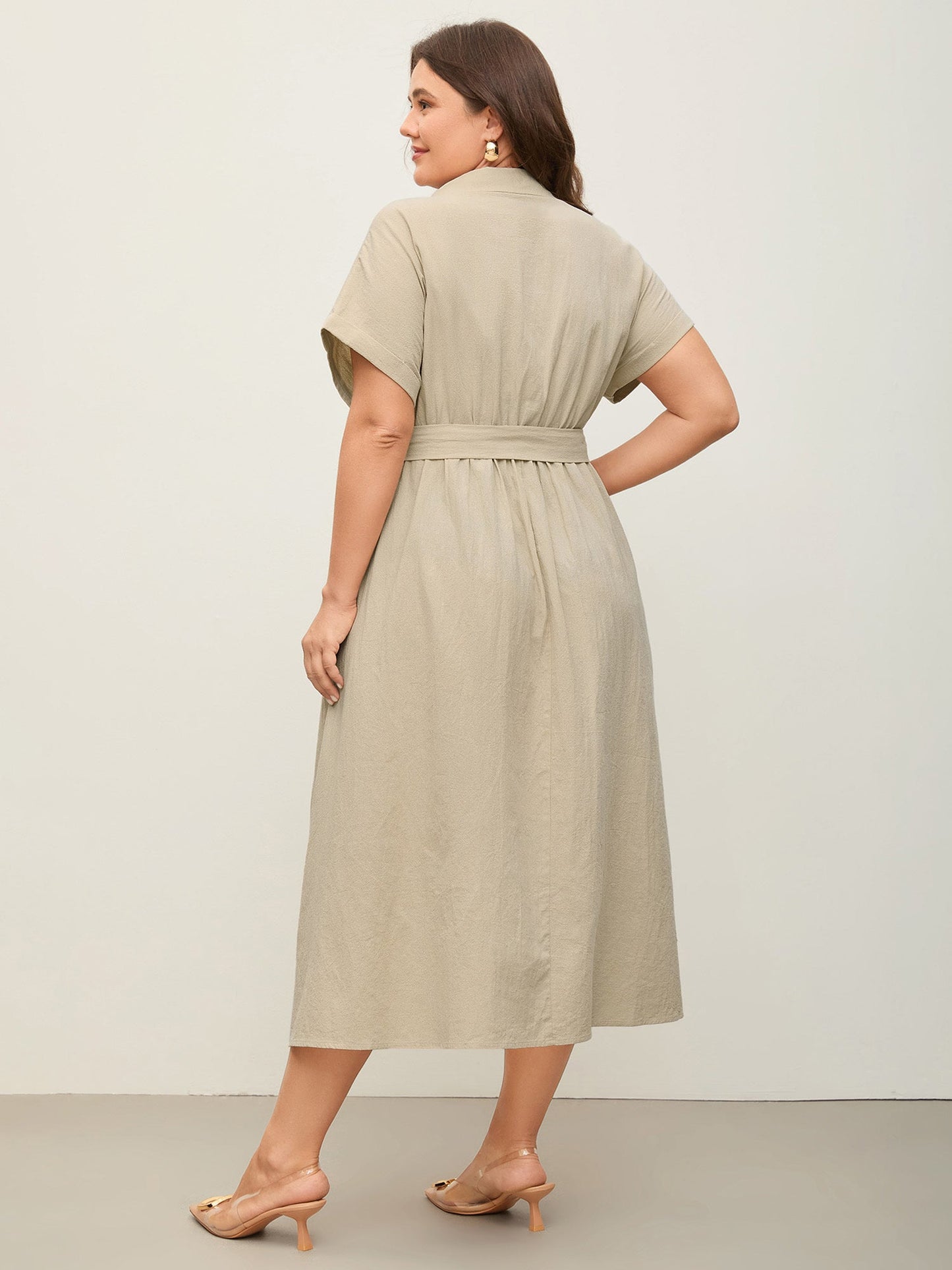Pure Cotton Button-Front Belted Midi Dress