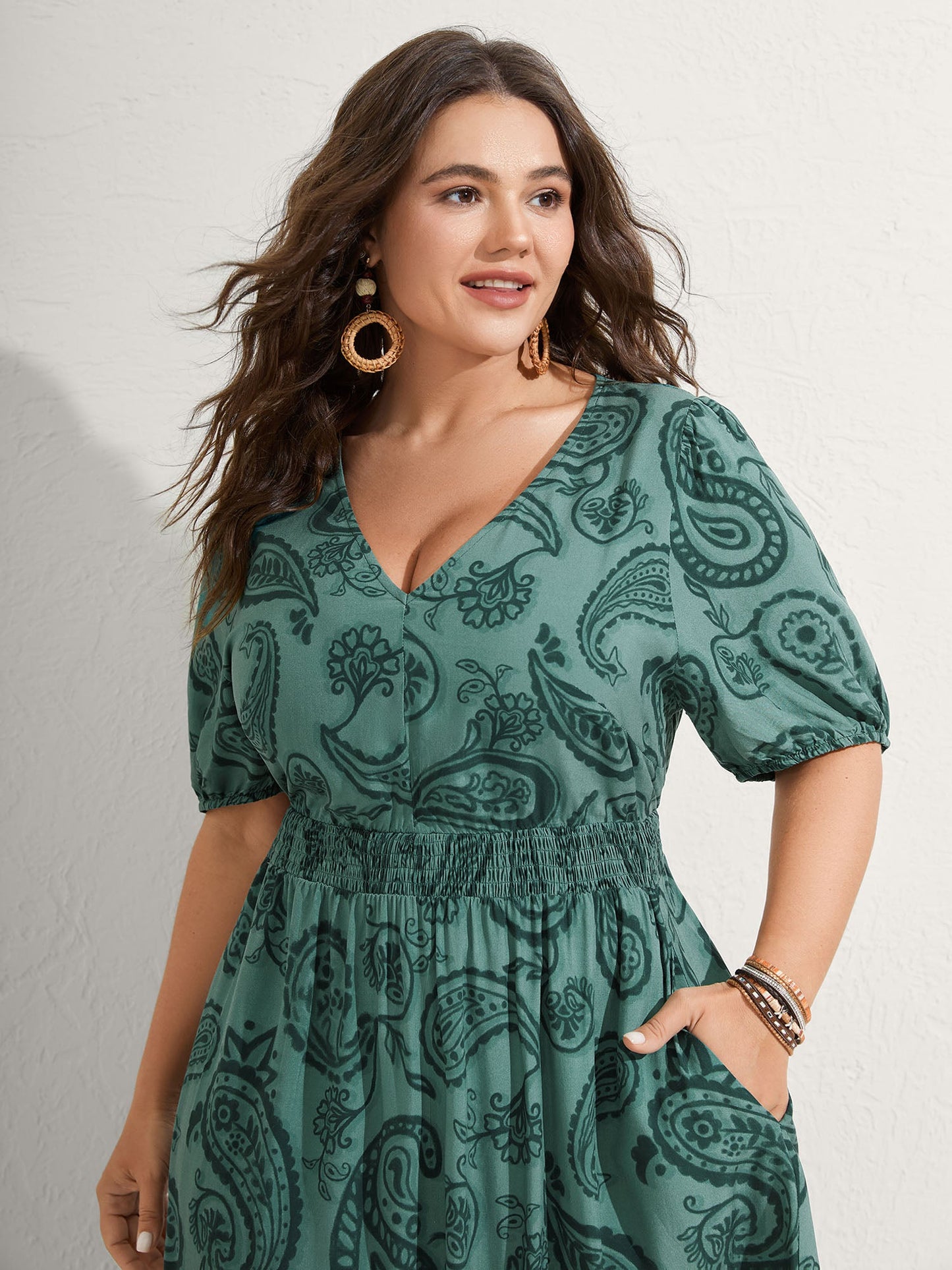 Paisley Print Shirred Waist Midi Dress