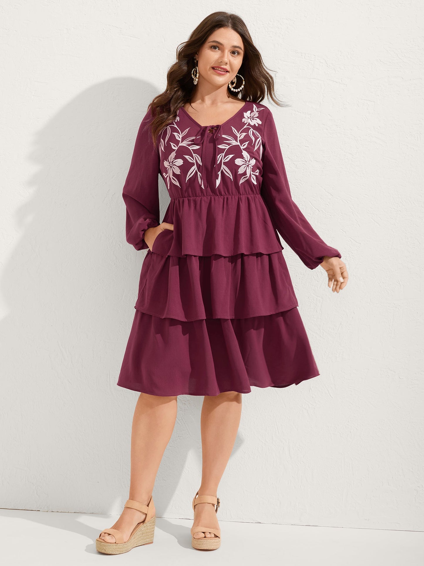 Floral Embroidery Pockets Layered Midi Dress