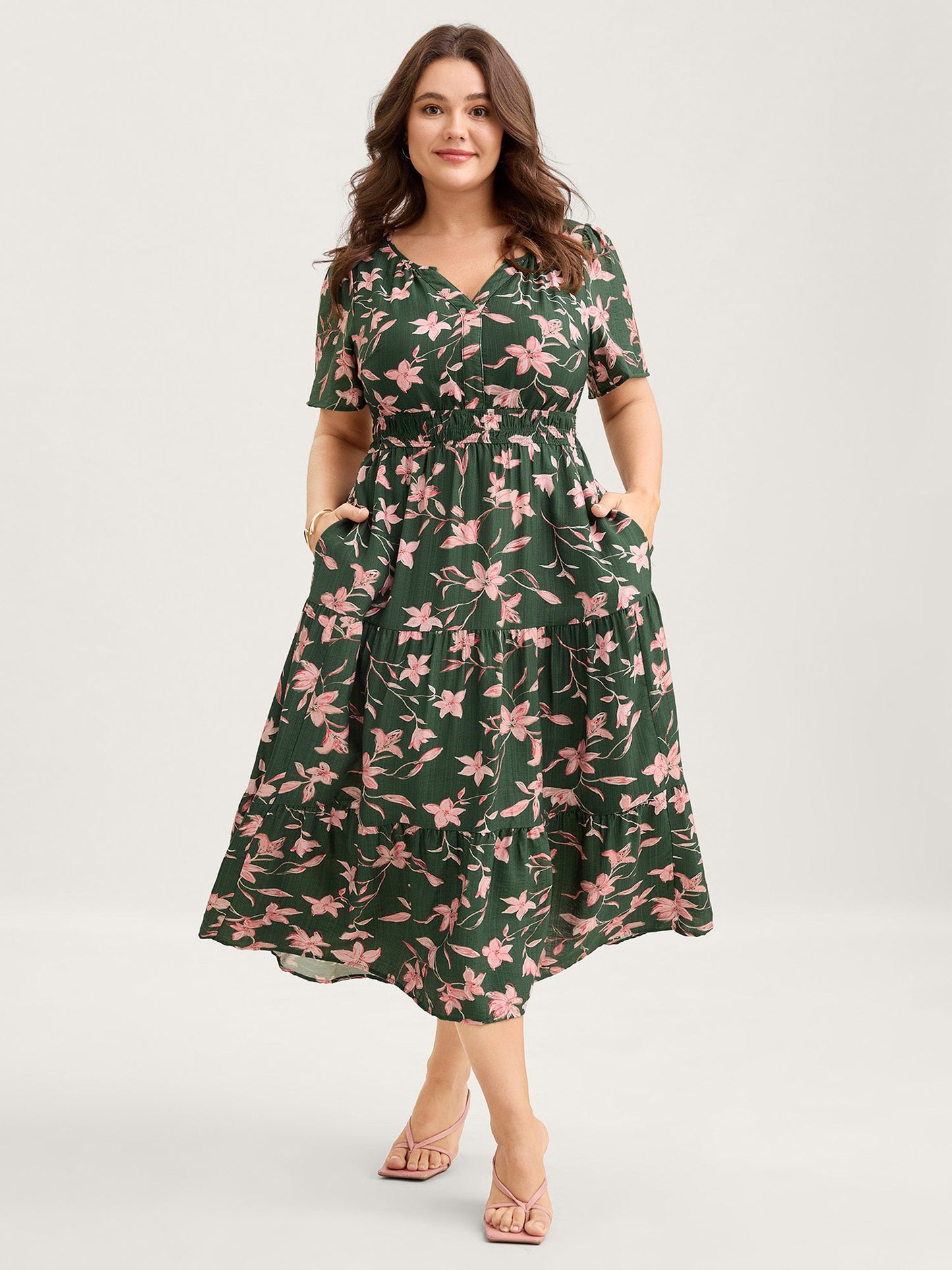 Breezy Floral Shirred Waist Midi Dress