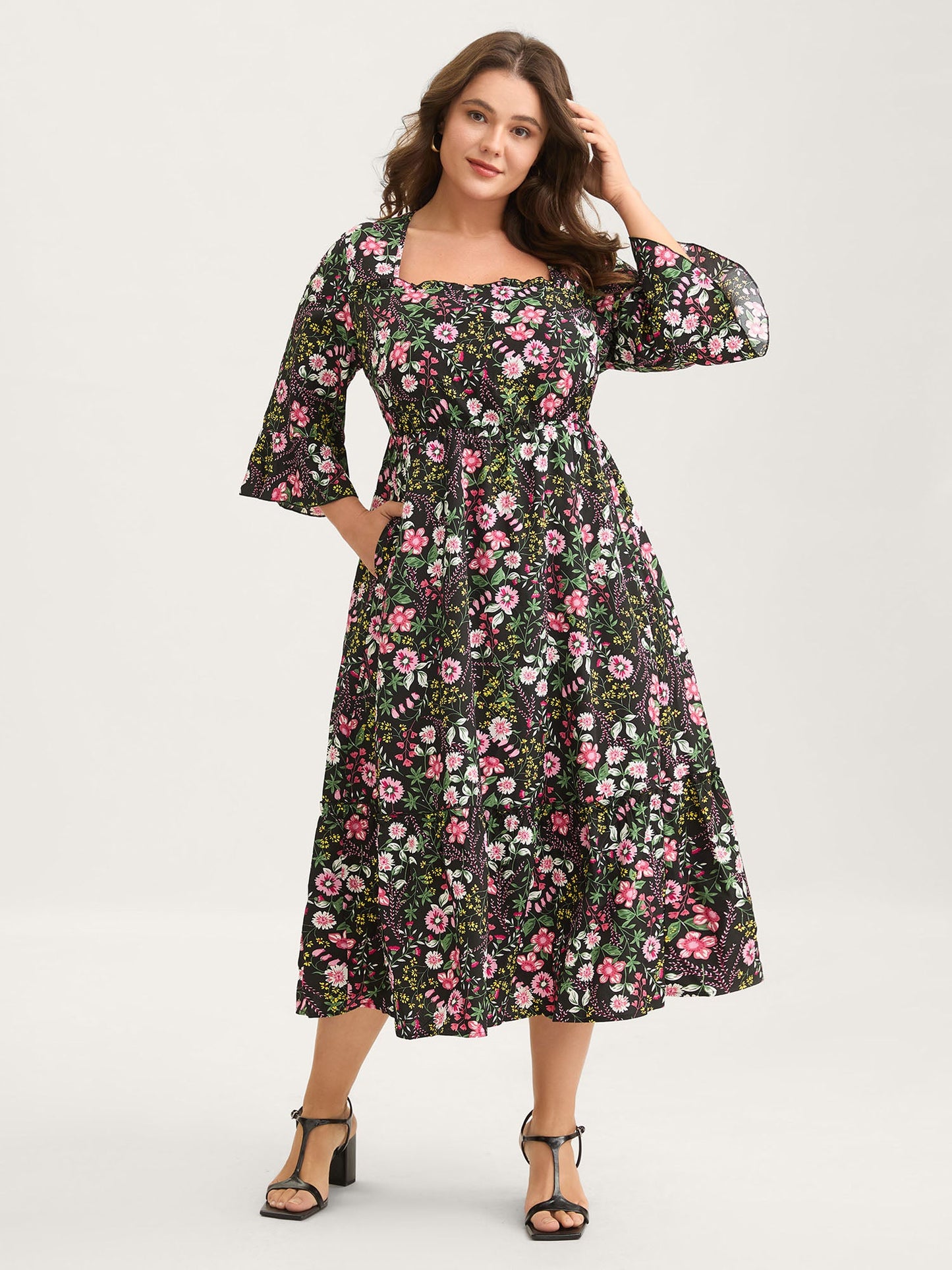Floral Ruffled Square Neck Midi Dress