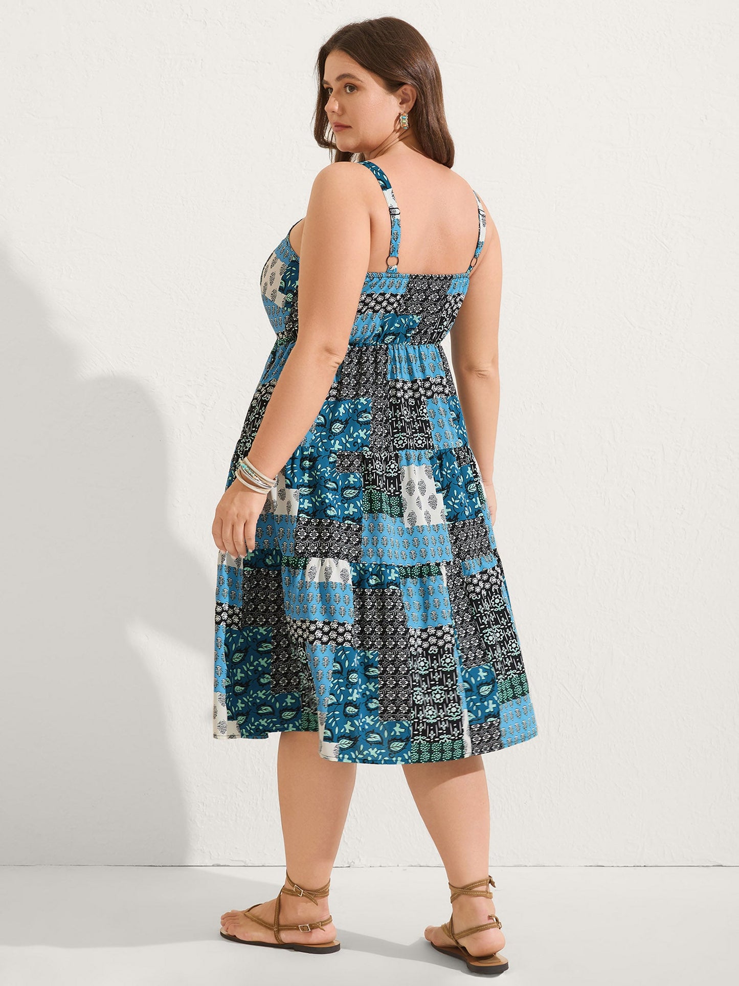 Boho Floral Collage Stretchy Waist Midi Dress