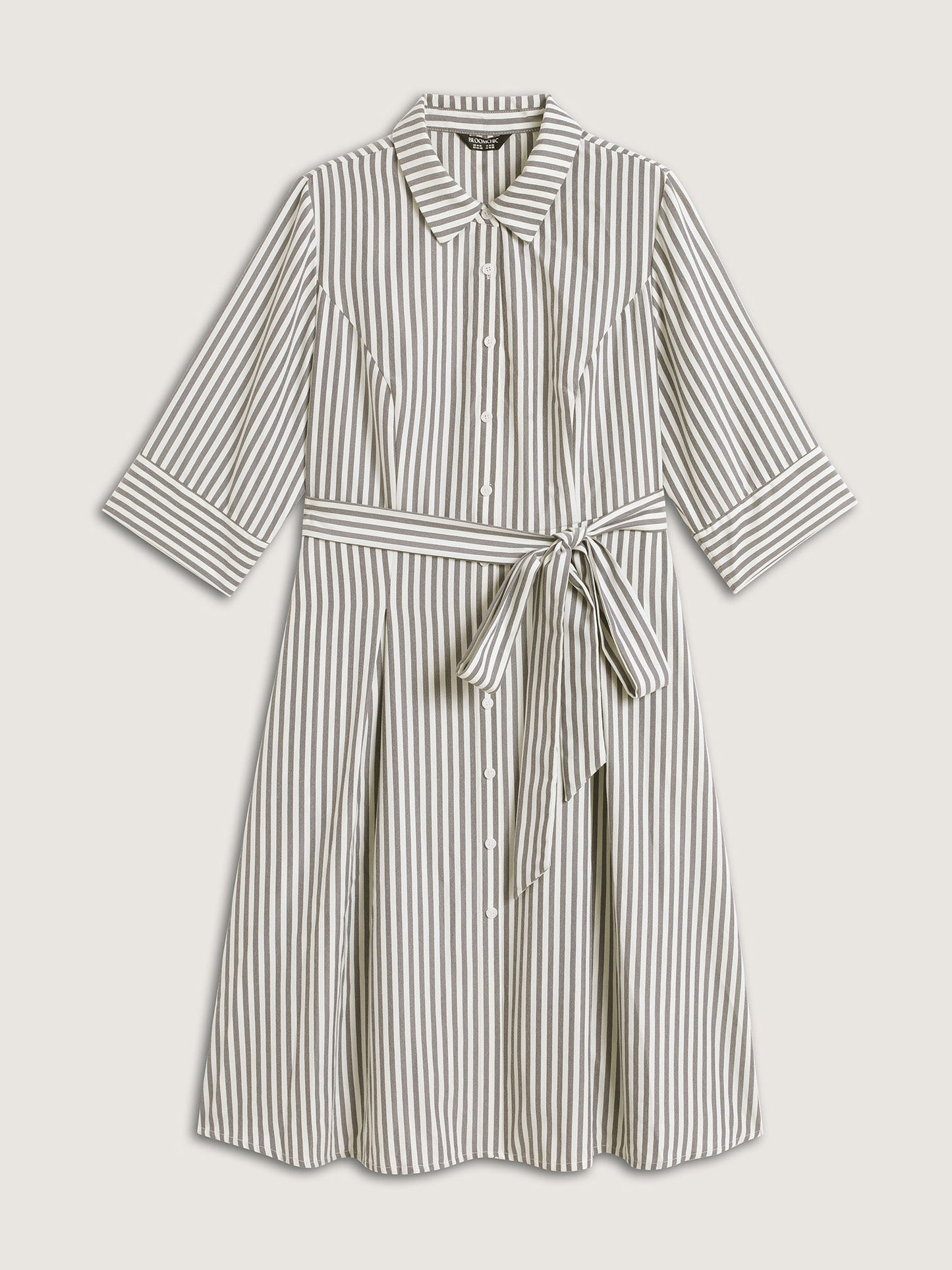 Striped Waist Belt Midi Shirt Dress