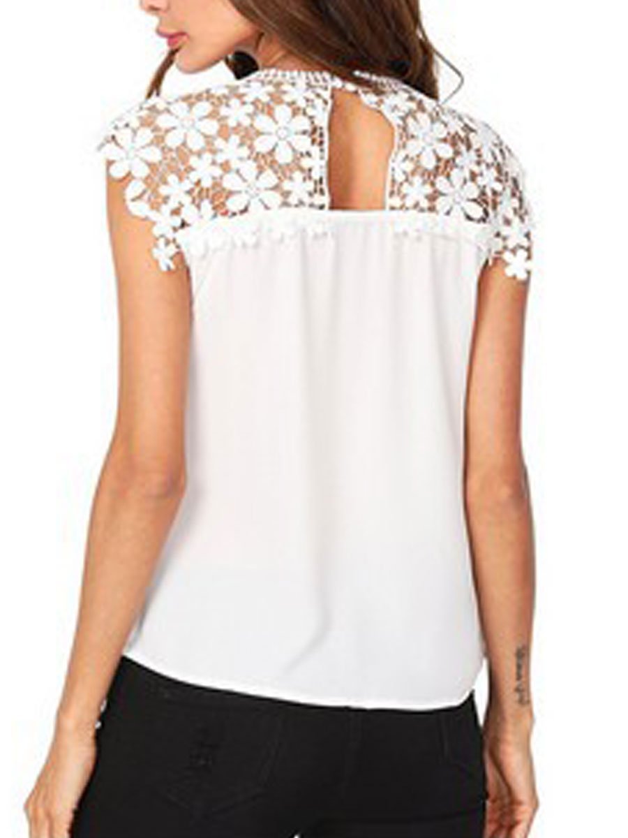 Round Neck Decorative Lace See-Through Tops