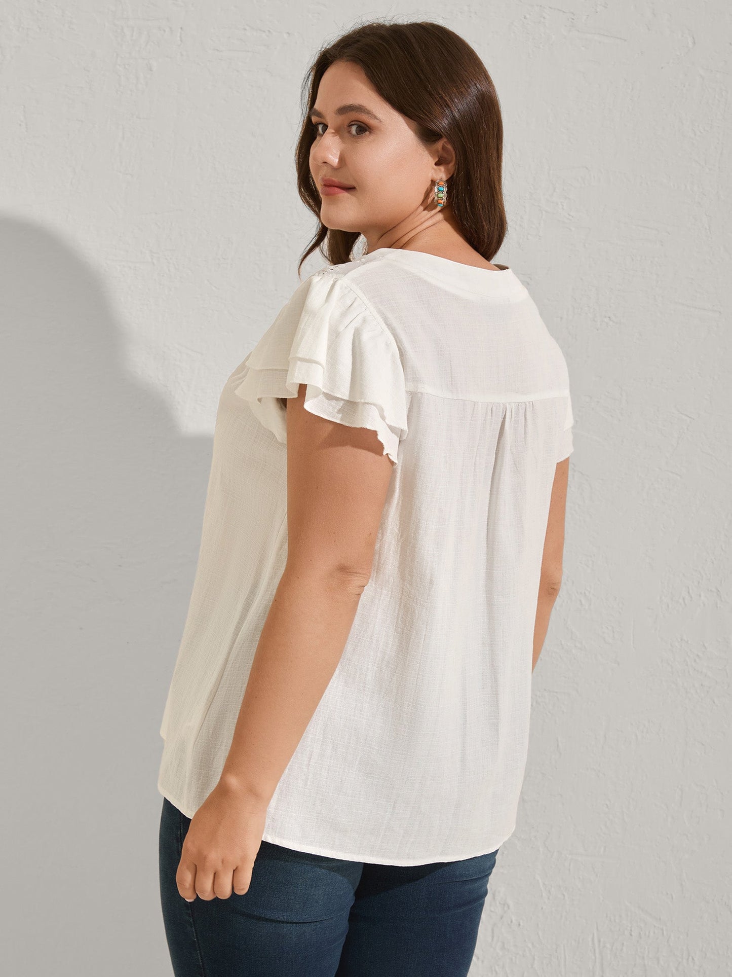 Cotton Lace Eyelet Trim Layered Sleeve Blouse
