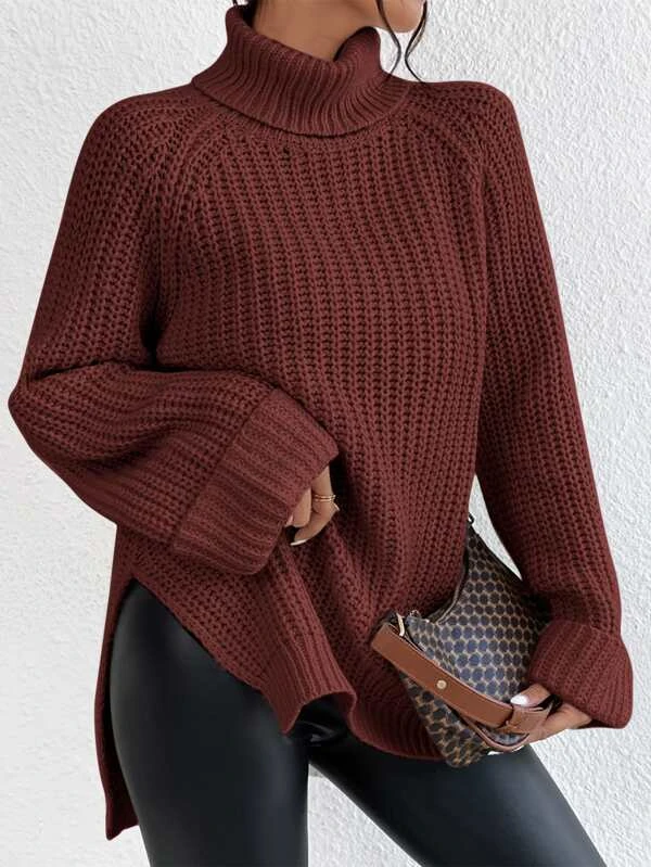 Turtleneck Raglan Sleeve Split Hem Sweater