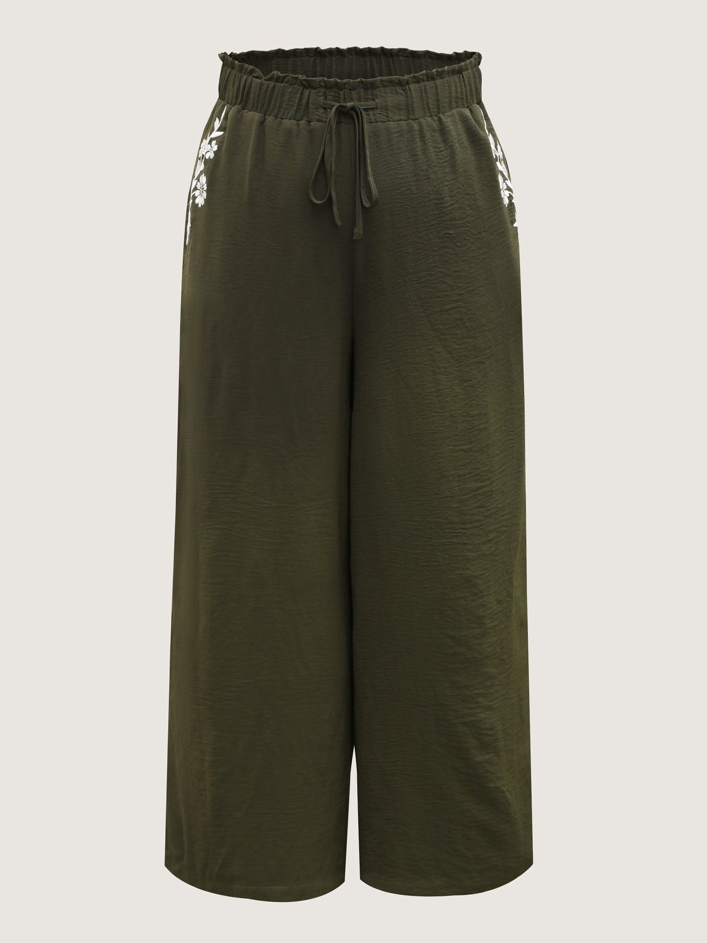 Floral Embroidered Pockets Wide-Leg Pants