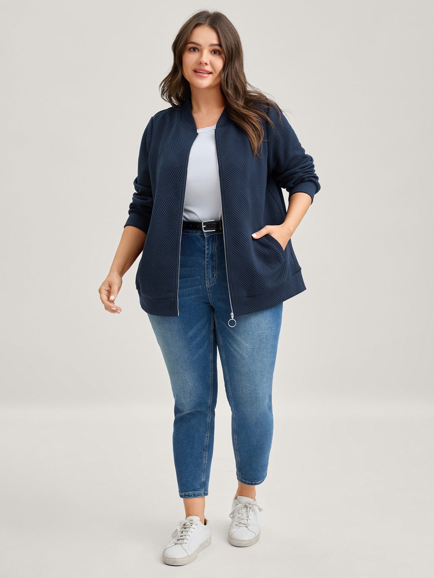 Textured Solid Pockets Zipper Jacket