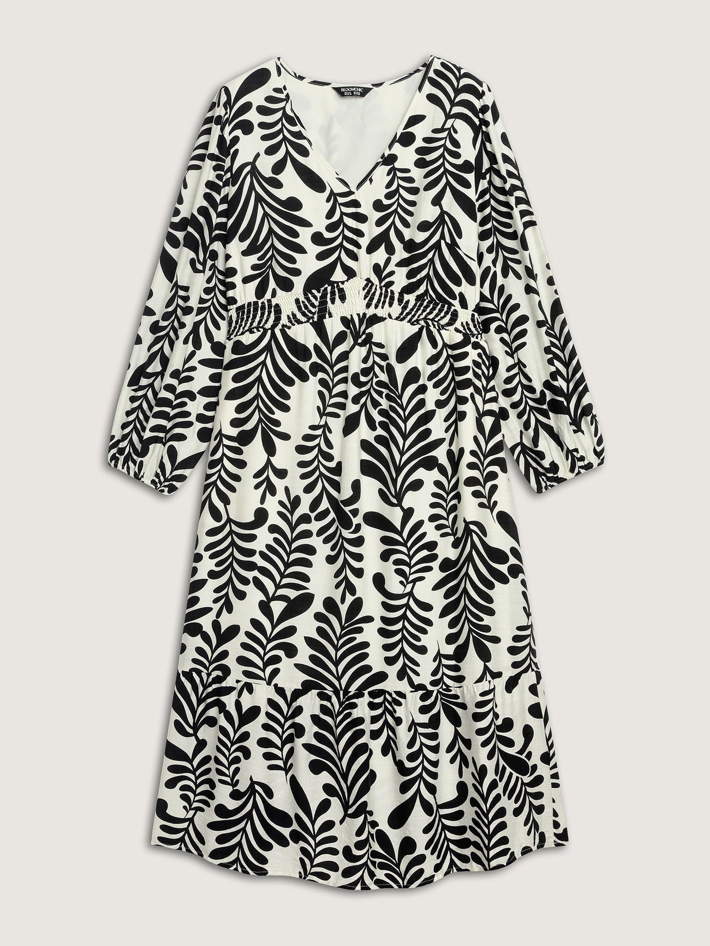 Leafy Print Shirred Waist Midi Dress