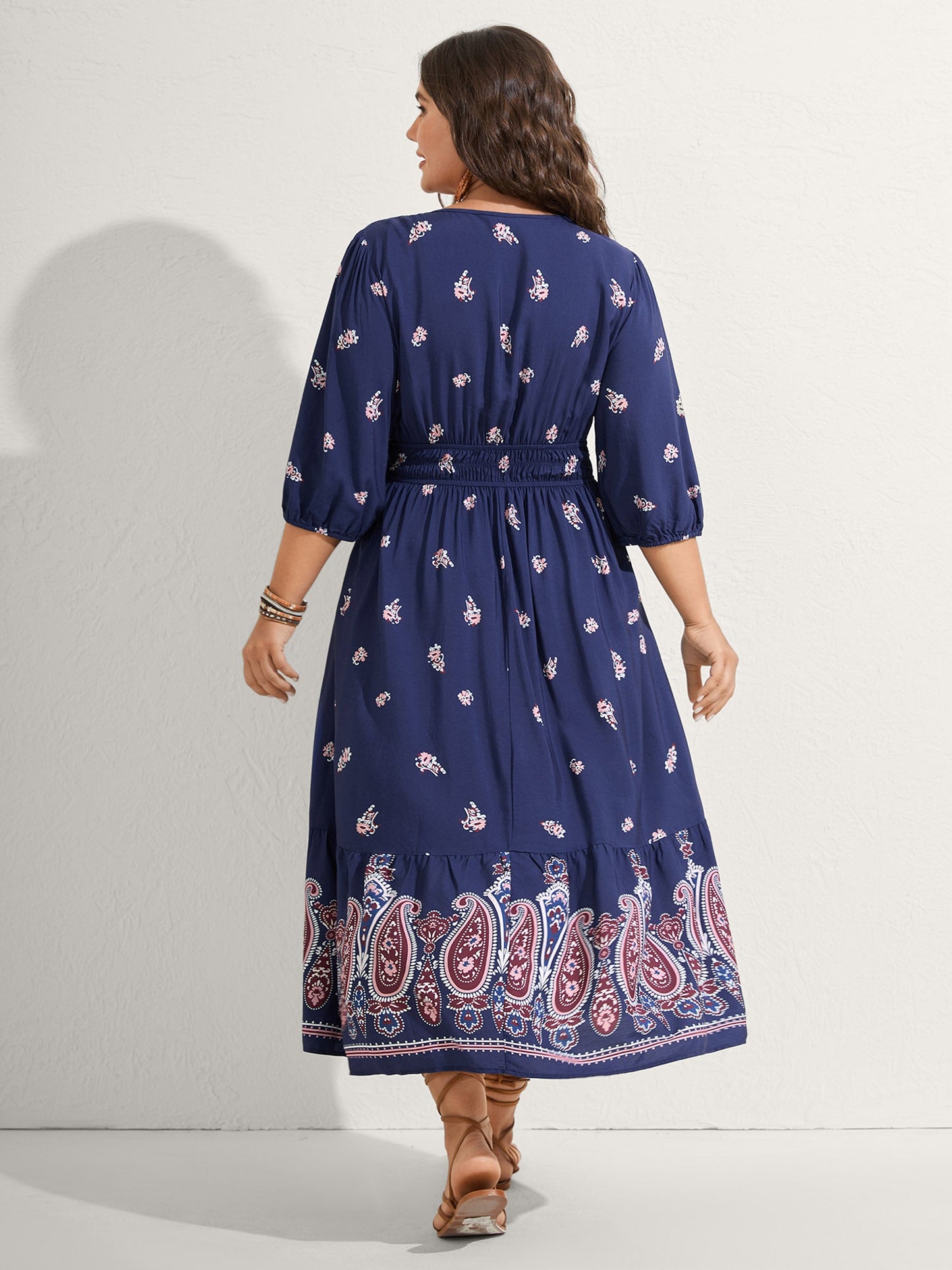 Paisley Print Shirred Waist Midi Dress