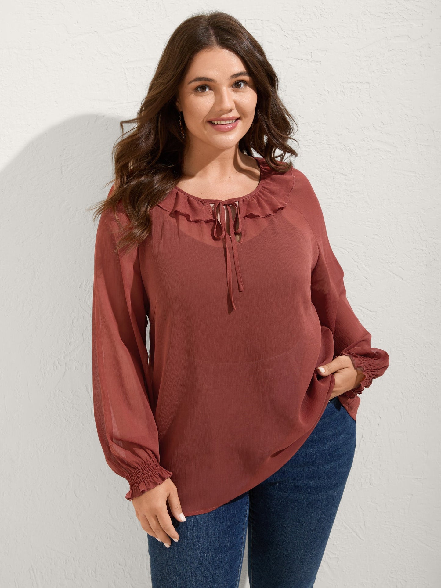 Sheer Ruffled Neck Flowy Solid Blouse