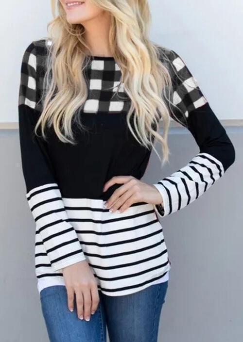 Plaid Splicing Striped O-Neck Long Sleeve Tops