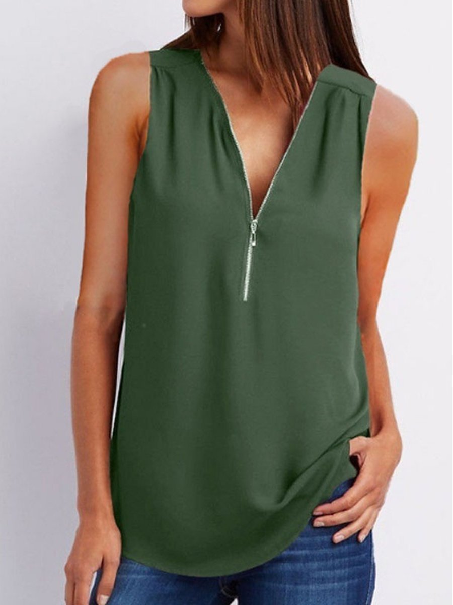 V-Neck Zips Plain Sleeveless Tops