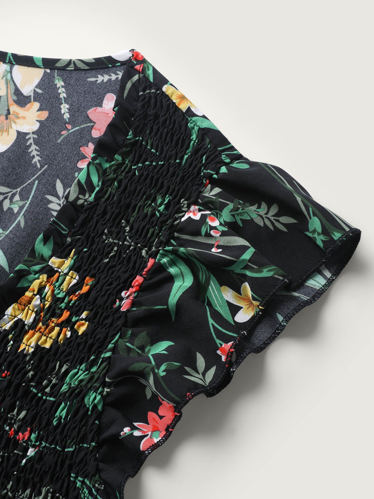 Botanical Print Shirred Bodice Midi Dress
