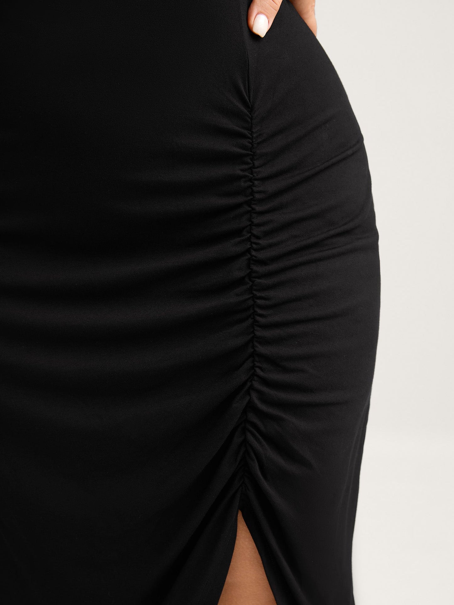 One Shoulder Ruched Split Hem Midi Dress
