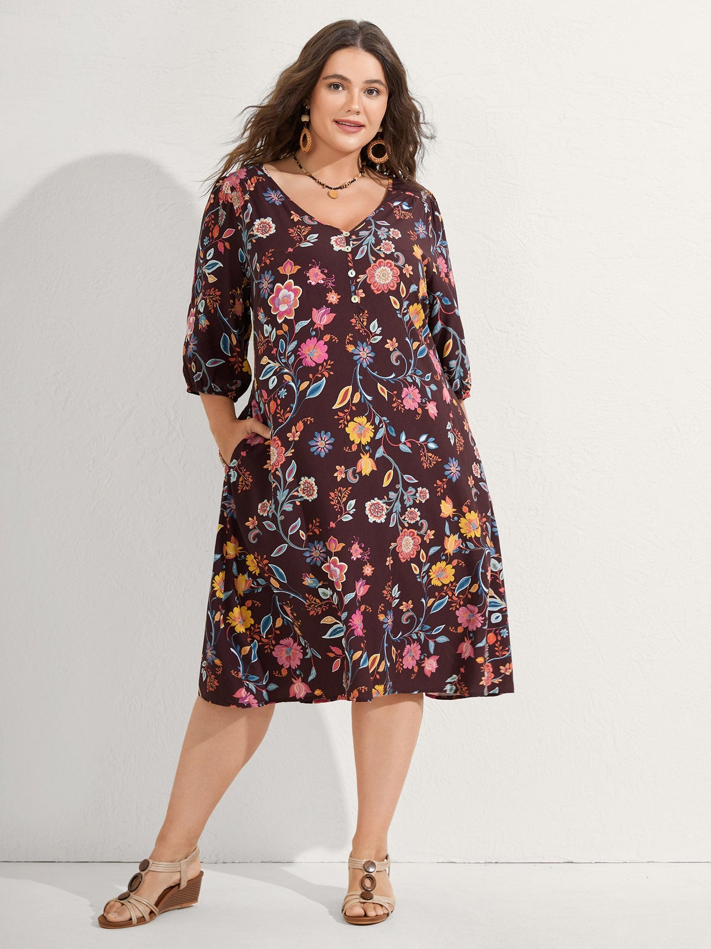 Rayon Boho Floral Placket Midi Dress