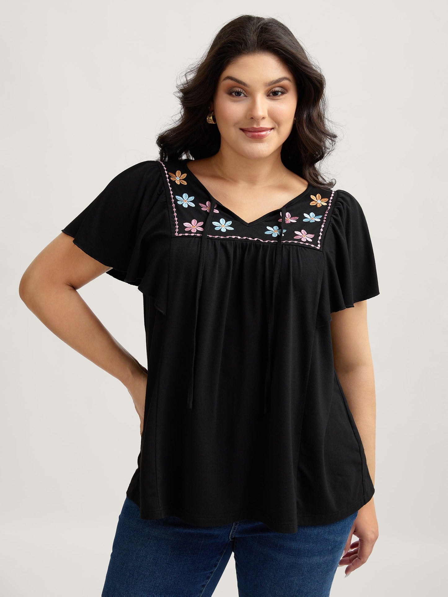 Floral Neck Embroidery Flowy T-Shirt