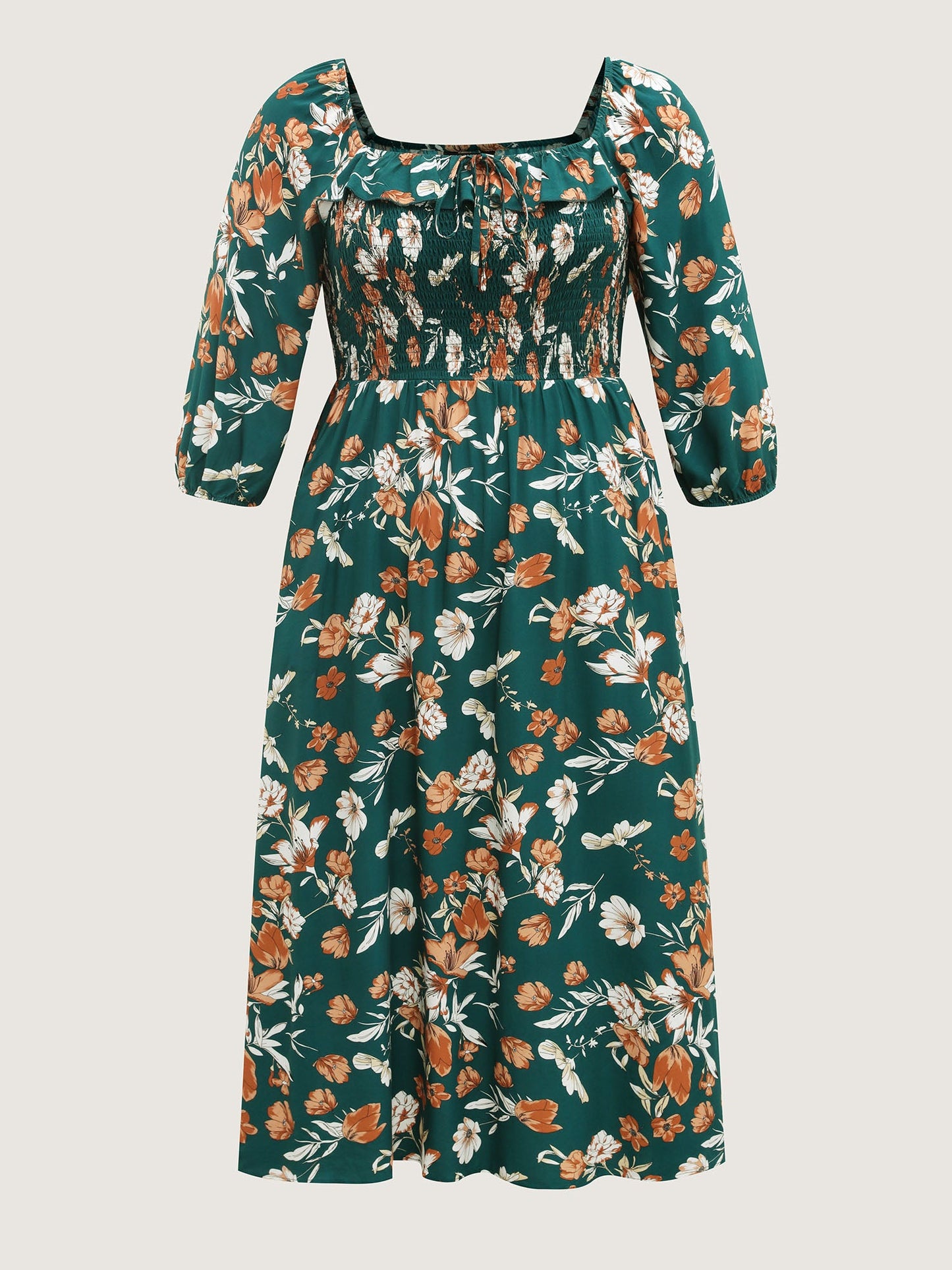 Rayon Floral Shirred Stretchy Waist Midi Dress