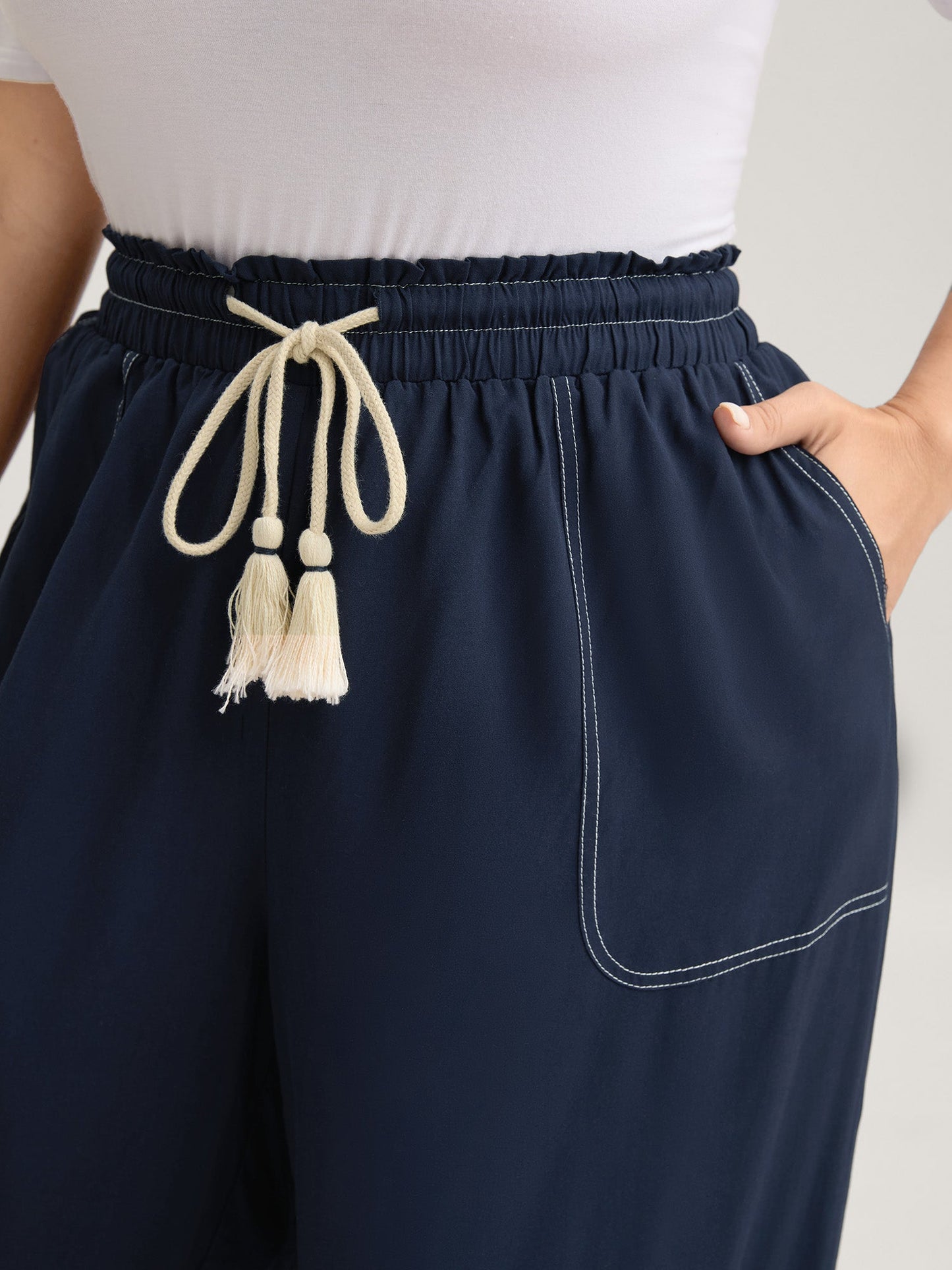 Contrast Thread Detail Wide-Leg Pants