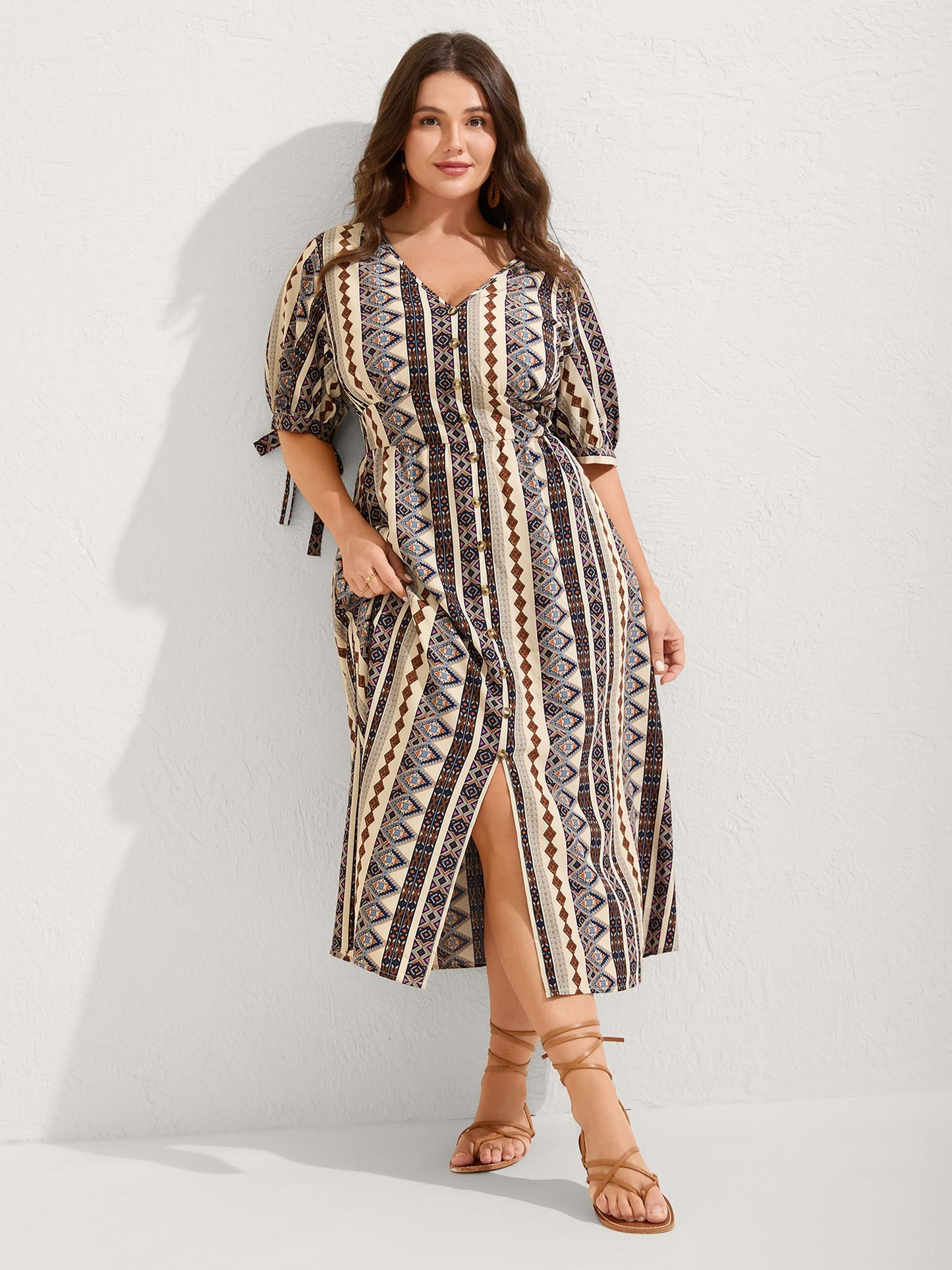 Geometric Stripes Button Detail Midi Dress