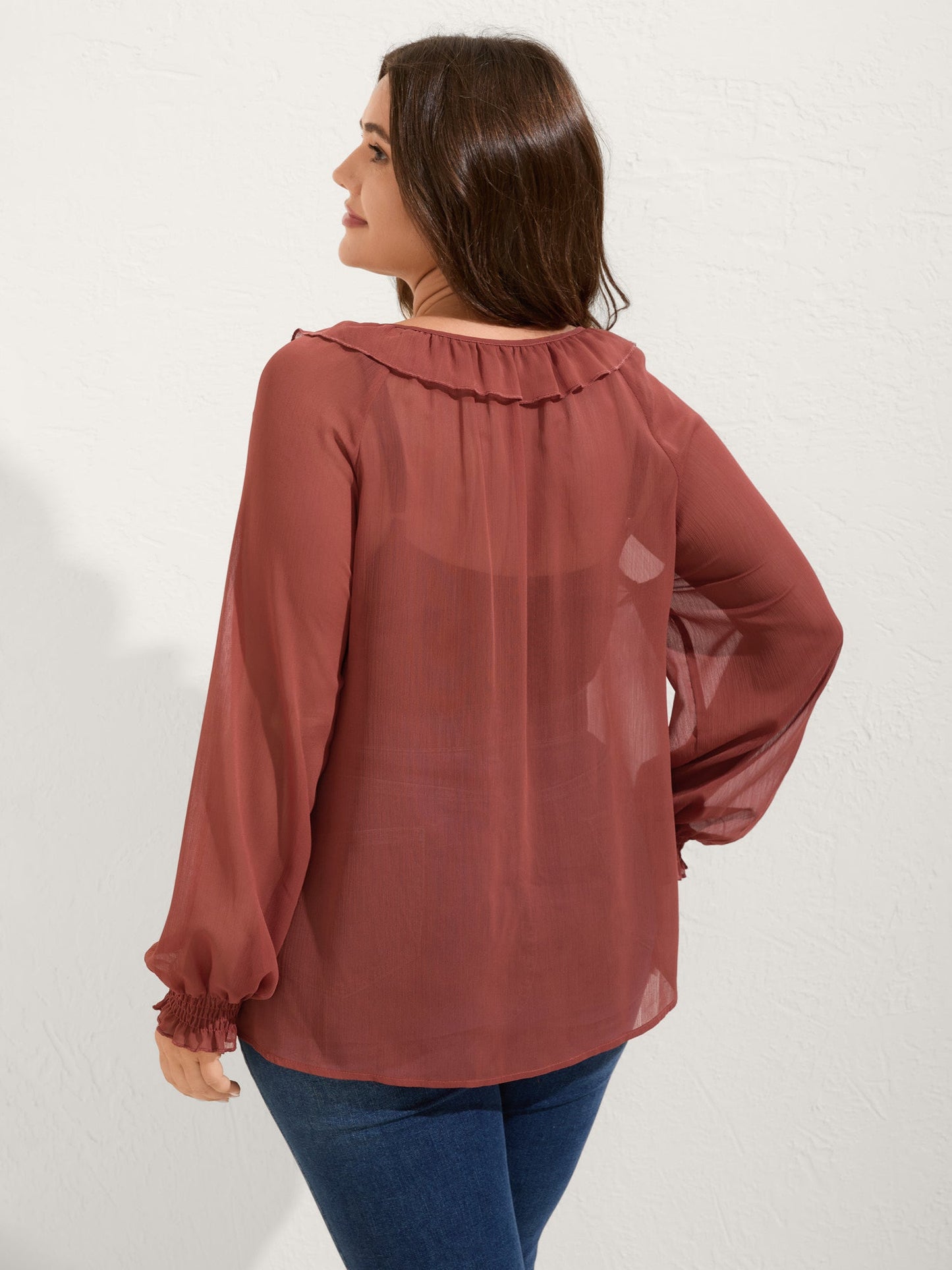 Sheer Ruffled Neck Flowy Solid Blouse