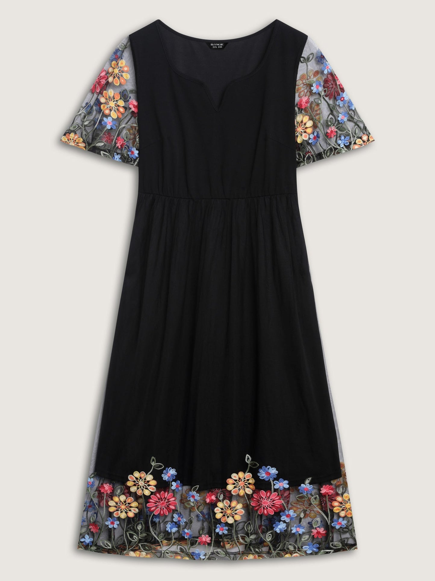 Colorful Floral Sheer Sleeve Cinched Midi Dress