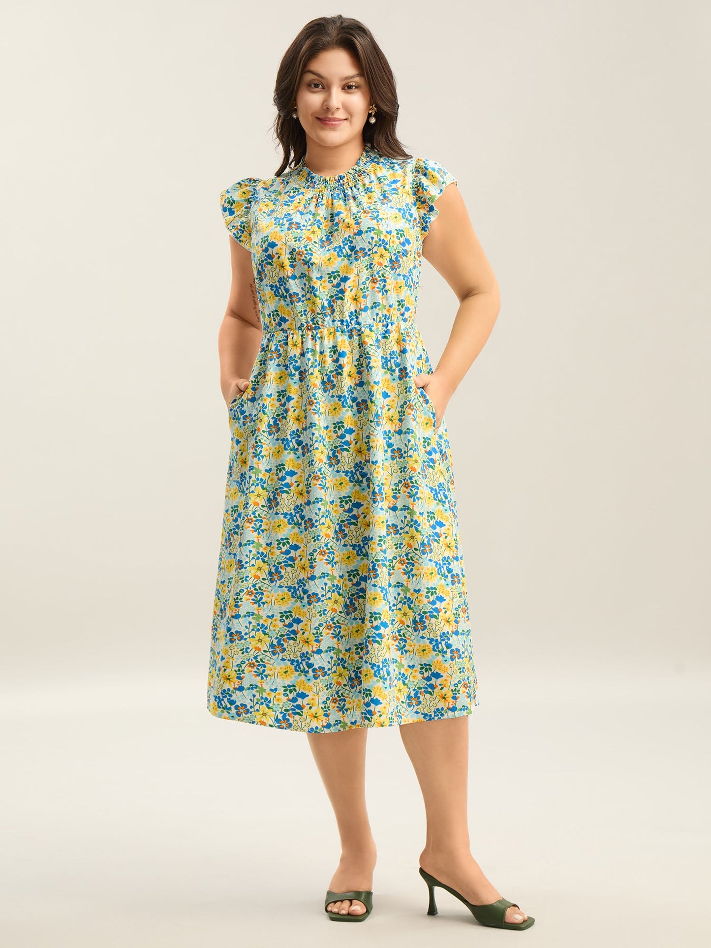 Floral Print Shirred Pockets Midi Dress