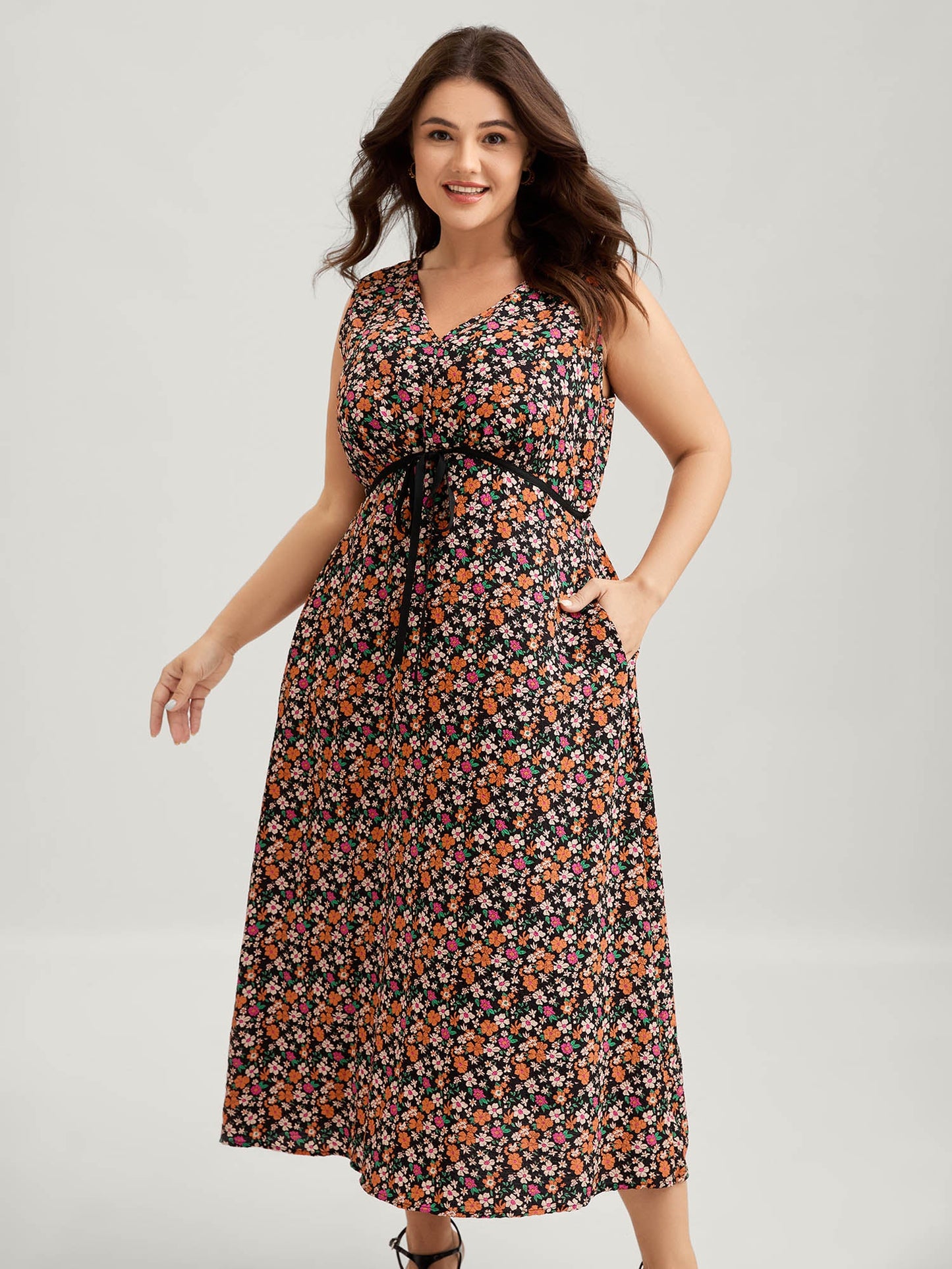 Floral Waist Tie Side Pockets Midi Dress