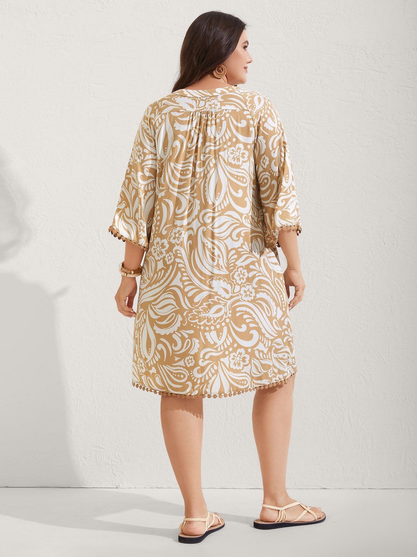 Paisley Print Notched Collar Lace Midi Dress